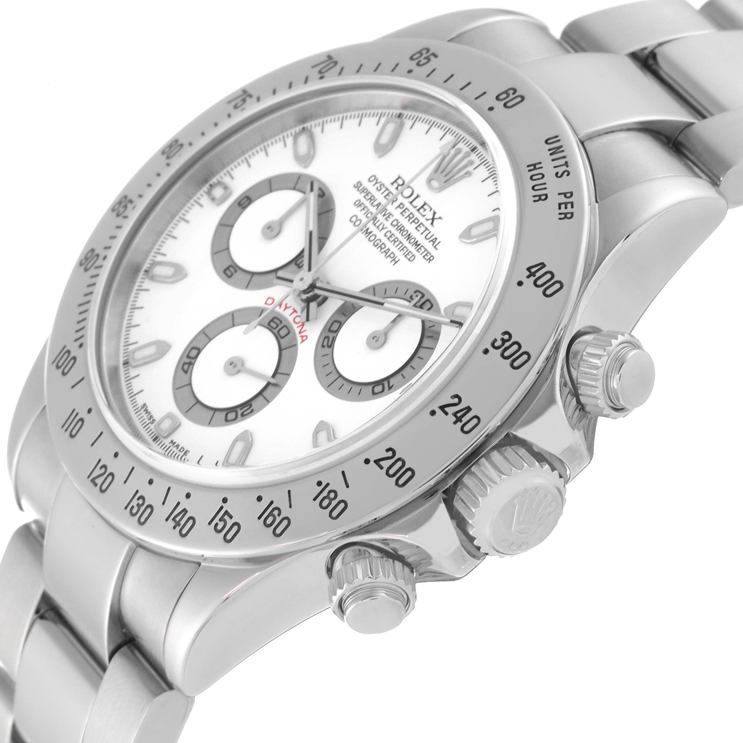 The image shows a close-up of a Rolex Daytona 116520 Men's Stainless Steel White Dial 116520 Men's Stainless Steel White Dial watch highlighting the bezel, dial, pushers, and part of the bracelet.