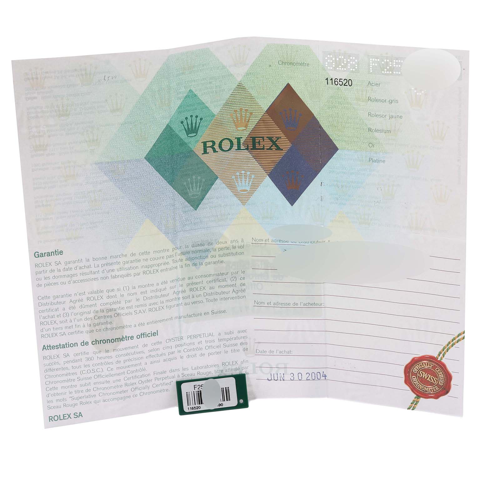 This image shows the warranty certificate for a Rolex Daytona 116520 Men's Stainless Steel White Dial 116520 Men's Stainless Steel White Dial watch.