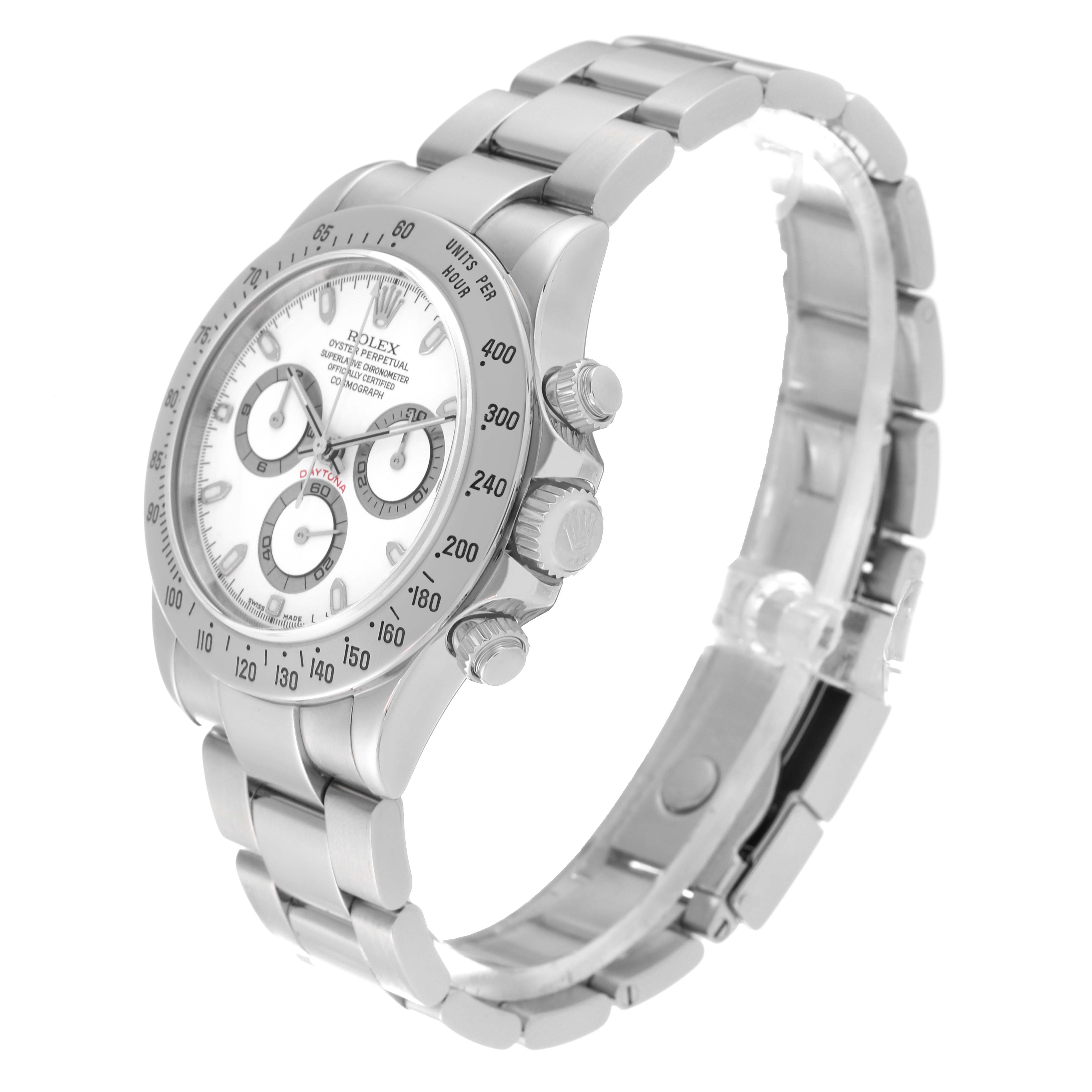 The image shows a Rolex Daytona 116520 Men's Stainless Steel White Dial 116520 Men's Stainless Steel White Dial watch at a front angle highlighting the face, bezel, crown, and bracelet.