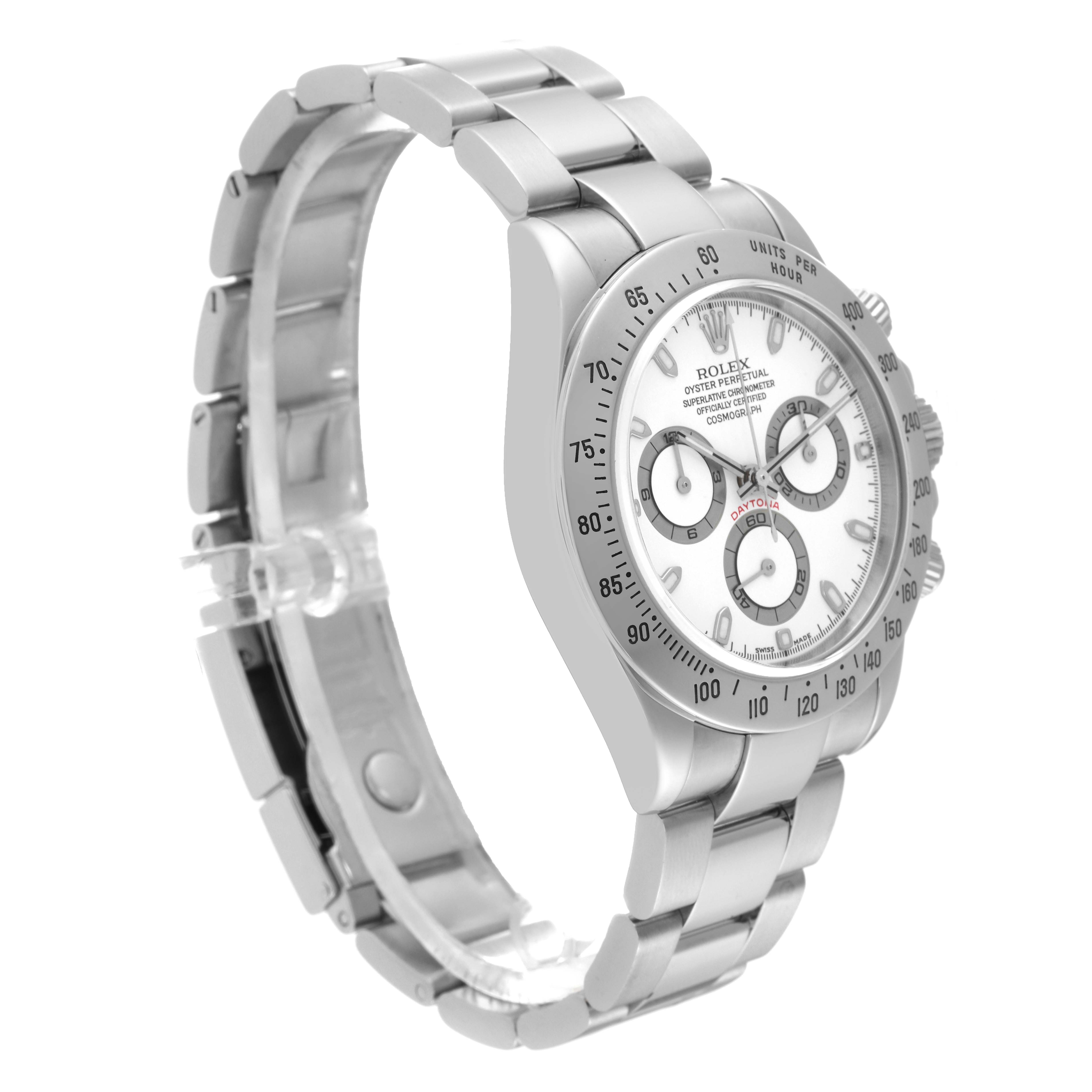 The image shows a side and angled view of the Rolex Daytona 116520 Men's Stainless Steel White Dial 116520 Men's Stainless Steel White Dial watch, displaying the bracelet, case, and dial.