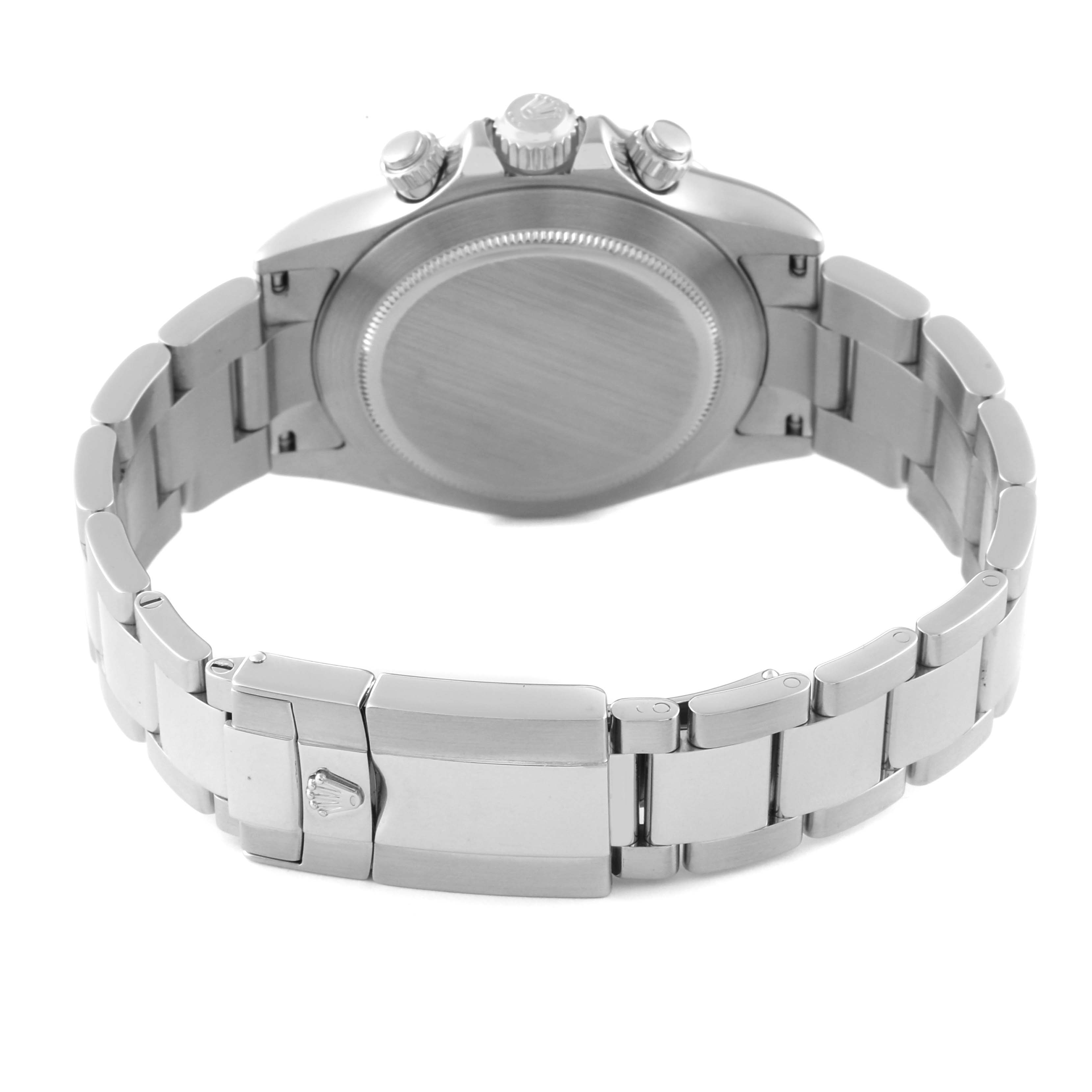 The image shows the rear view of a Rolex Daytona 116520 Men's Stainless Steel White Dial 116520 Men's Stainless Steel White Dial watch, focusing on the bracelet and case back.