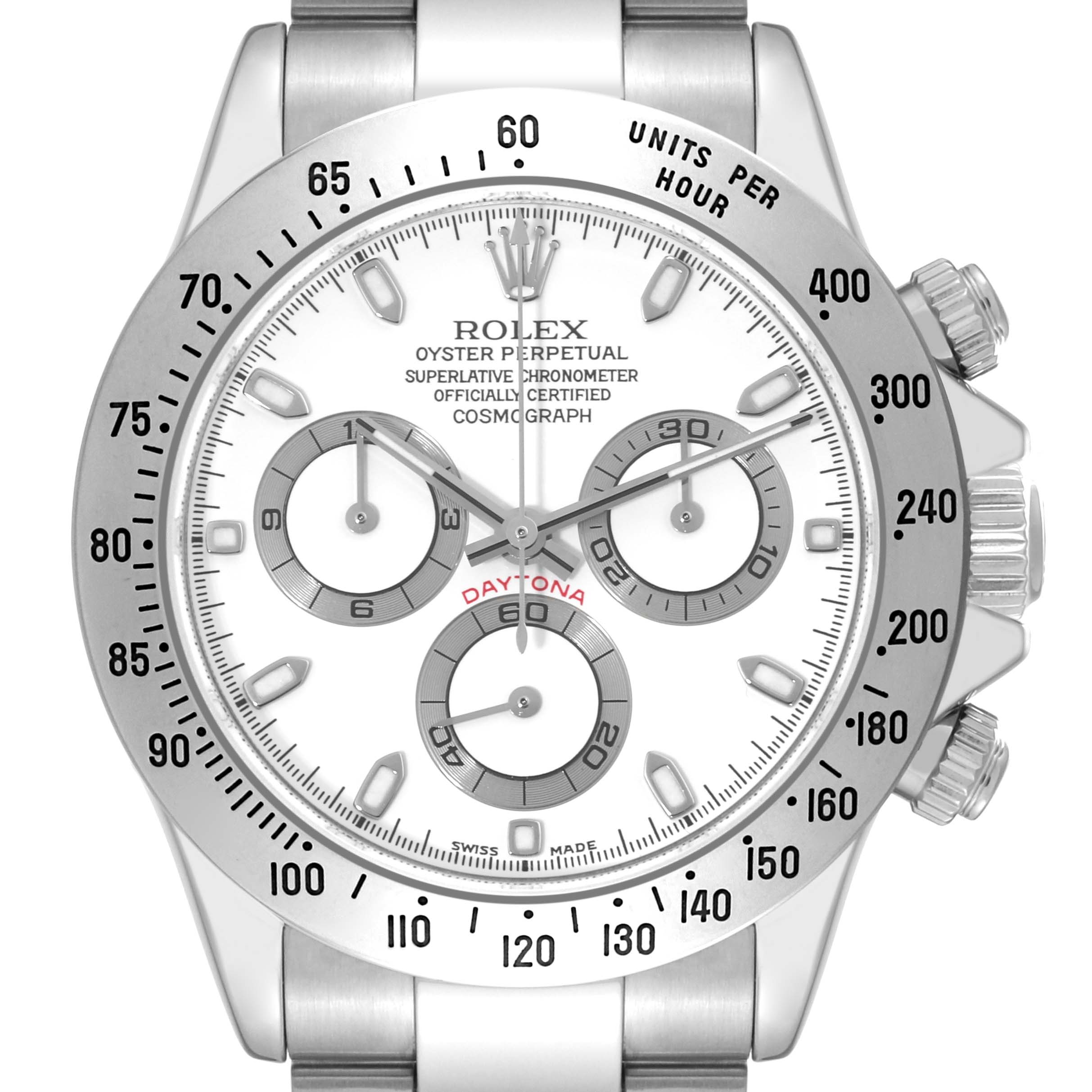 This image shows a frontal view of the Rolex Daytona 116520 Men's Stainless Steel White Dial 116520 Men's Stainless Steel White Dial watch, including the face, bezel, subdials, and part of the bracelet.