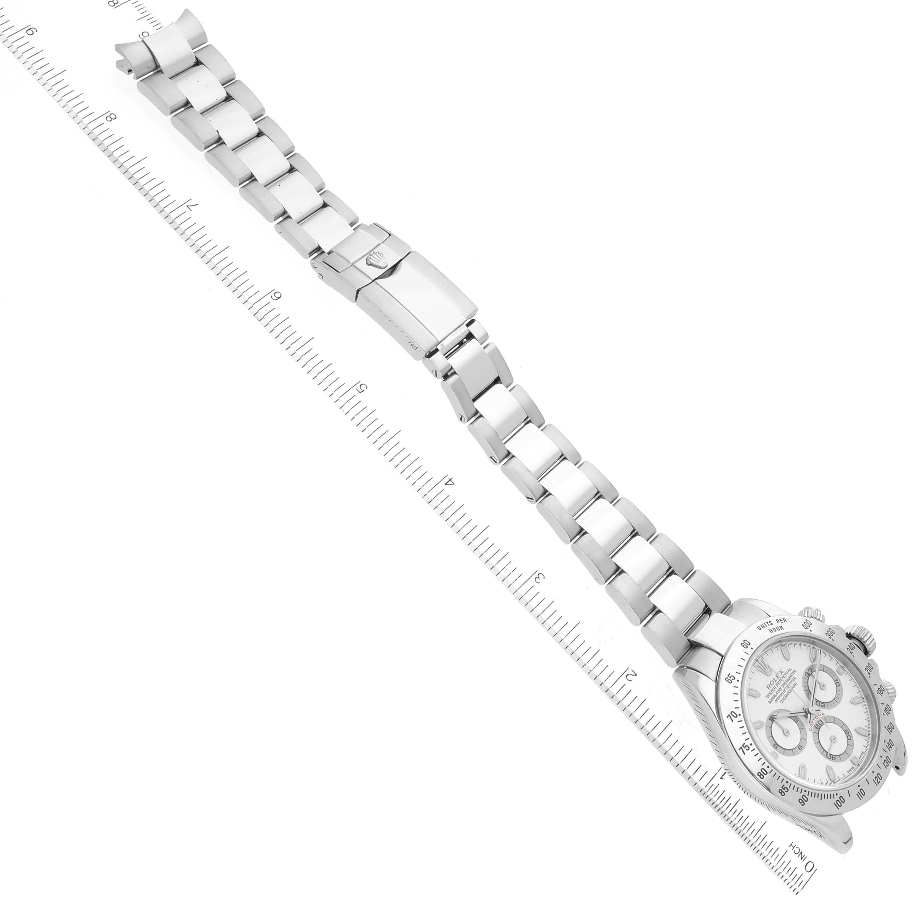 This image shows a top view of a Rolex Daytona 116520 Men's Stainless Steel White Dial 116520 Men's Stainless Steel White Dial watch, highlighting the bracelet and part of the face.