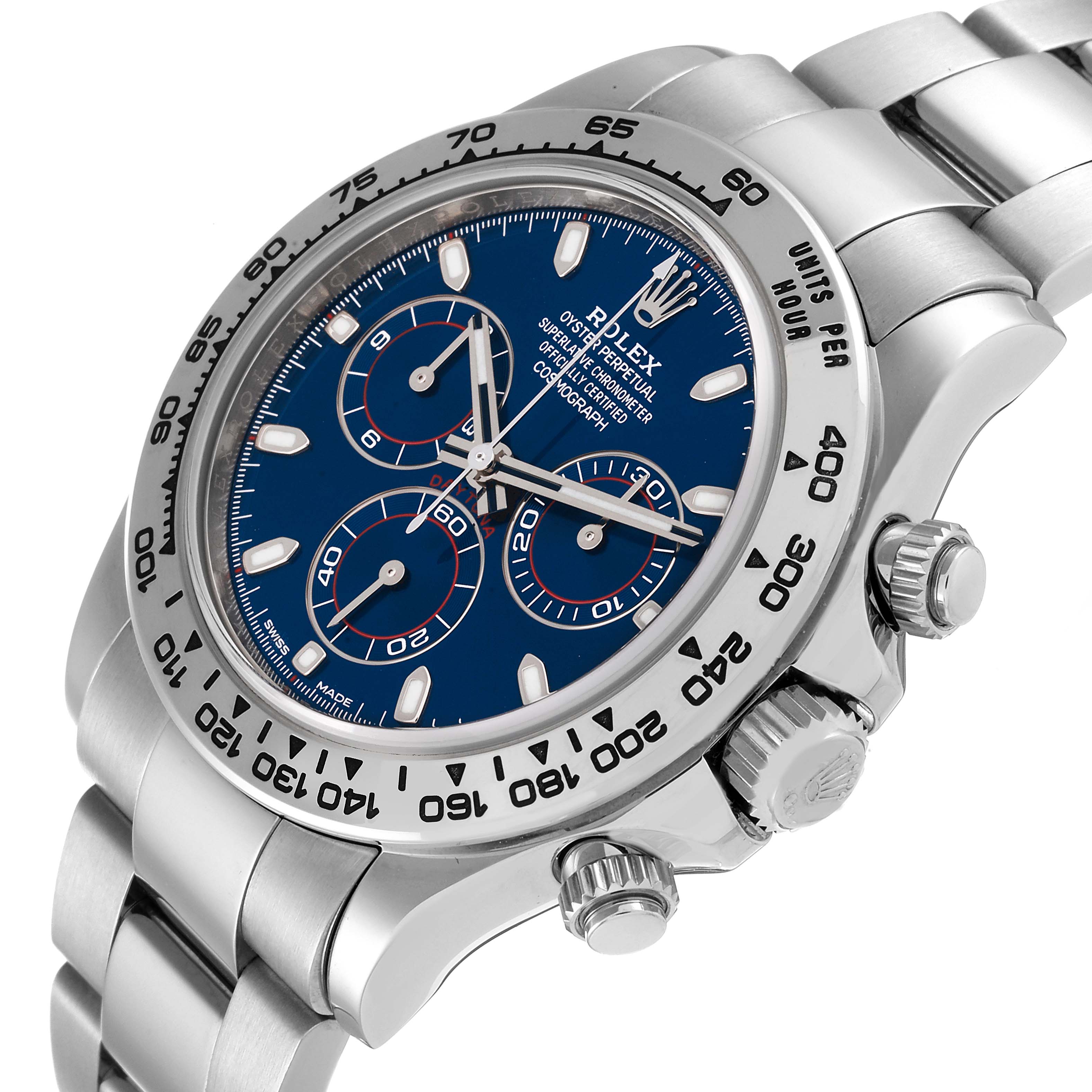 The image shows a close-up, angled view of a Rolex Daytona 116509 Men's White Gold Blue Dial 116509 Men's White Gold Blue Dial watch, highlighting the dial, bezel, crown, and part of the bracelet.