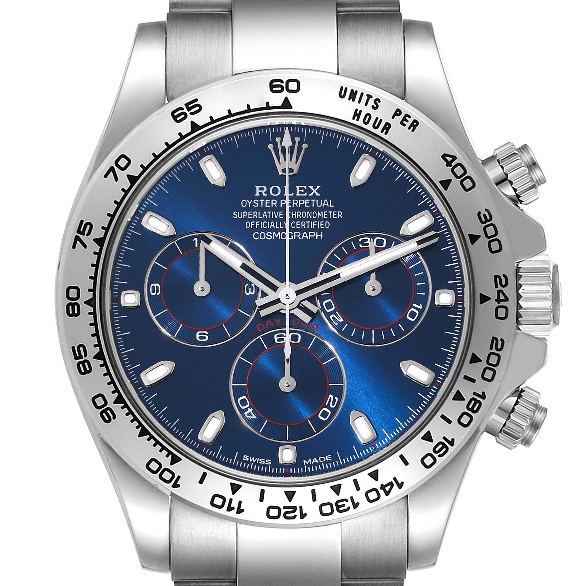 This image shows a front view of a Rolex Daytona 116509 Men's White Gold Blue Dial 116509 Men's White Gold Blue Dial watch with a blue dial and stainless steel bezel and bracelet.
