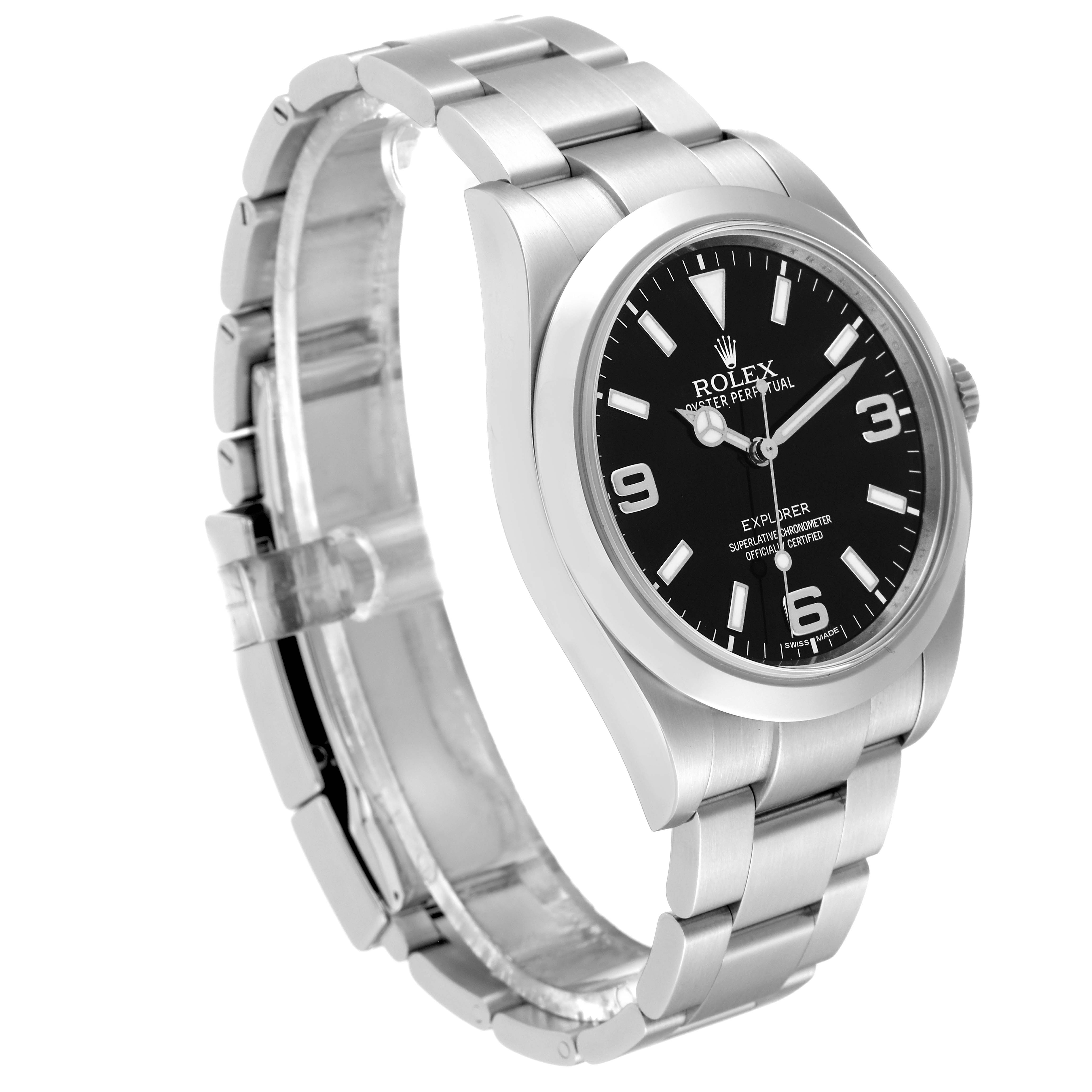The Rolex Explorer 214270 Men's Stainless Steel Black Dial 214270 Men's Stainless Steel Black Dial watch is shown from an angled side view, highlighting the bracelet, case, and black dial.