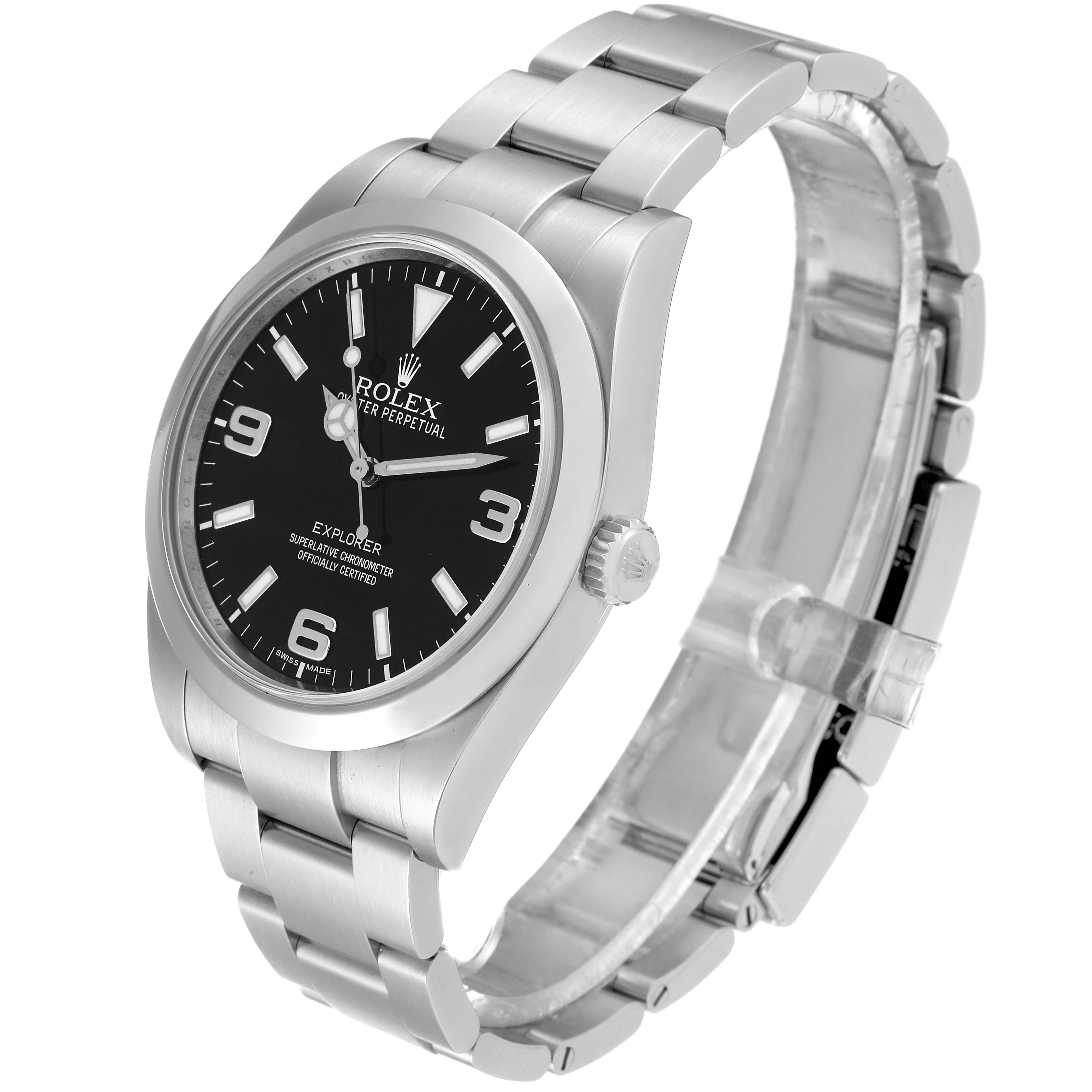 The Rolex Explorer 214270 Men's Stainless Steel Black Dial 214270 Men's Stainless Steel Black Dial watch is shown at a three-quarter angle, highlighting the face, bezel, crown, and bracelet.