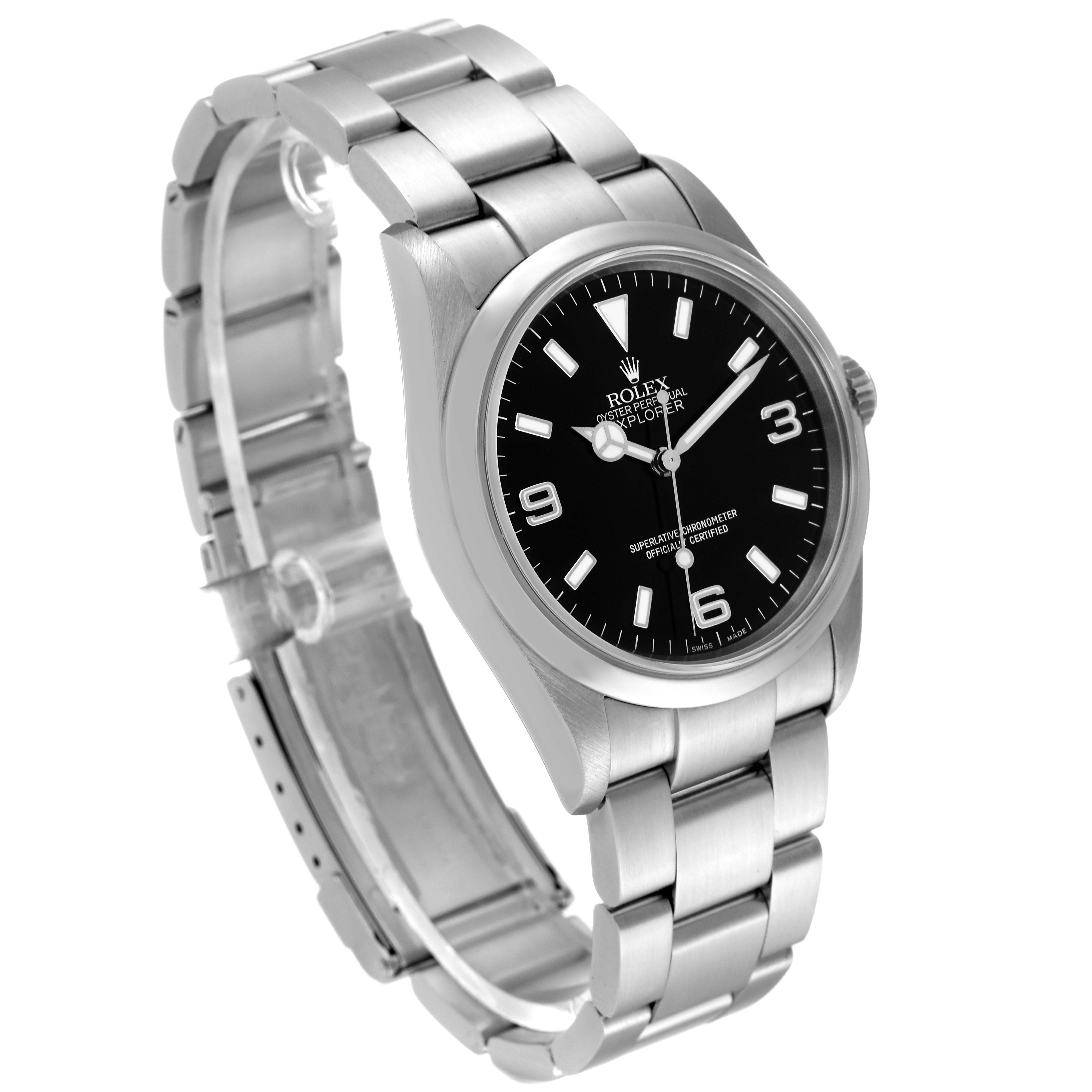 The Rolex Explorer 114270 Men
s Stainless Steel Black Dial 114270 Men
s Stainless Steel Black Dial watch is shown at a three-quarter angle, highlighting its black dial, hour markers, and stainless steel bracelet.