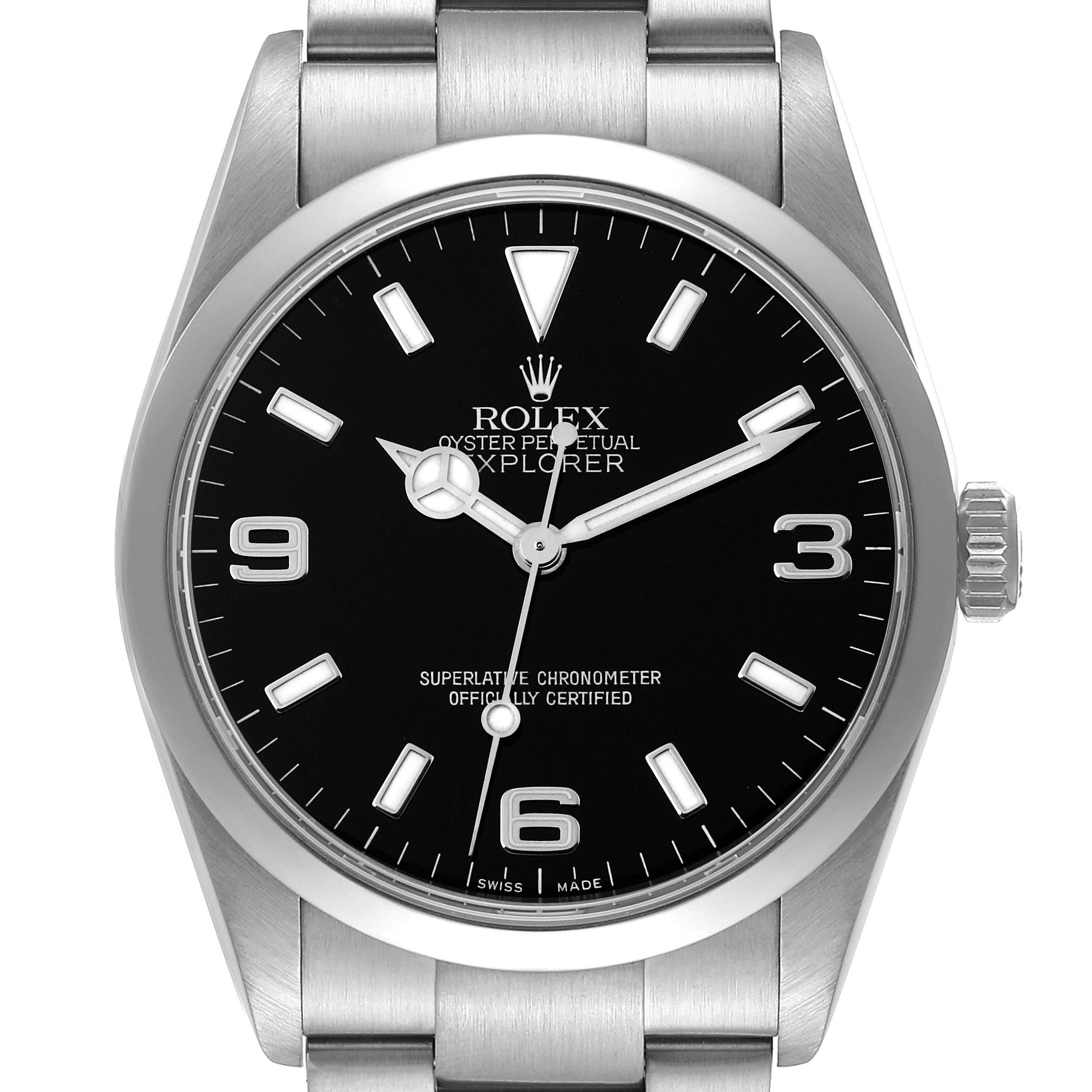 The image shows a front view of the Rolex Explorer 114270 Men
s Stainless Steel Black Dial 114270 Men
s Stainless Steel Black Dial watch, displaying the dial, hands, crown, case, and part of the bracelet.