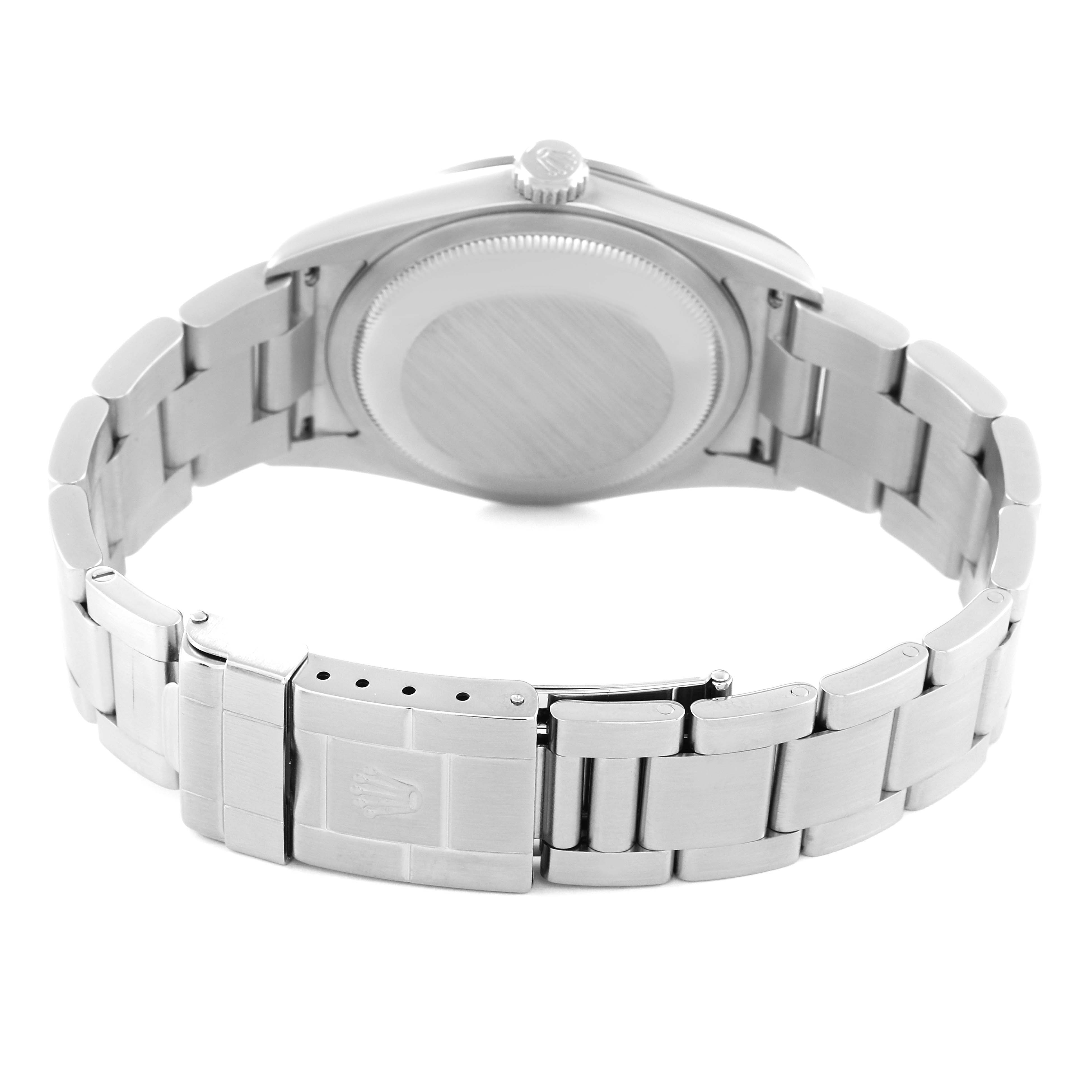 This image shows the back view of the Rolex Explorer 114270 Men
s Stainless Steel Black Dial 114270 Men
s Stainless Steel Black Dial watch, focusing on the case back and metal bracelet with clasp.