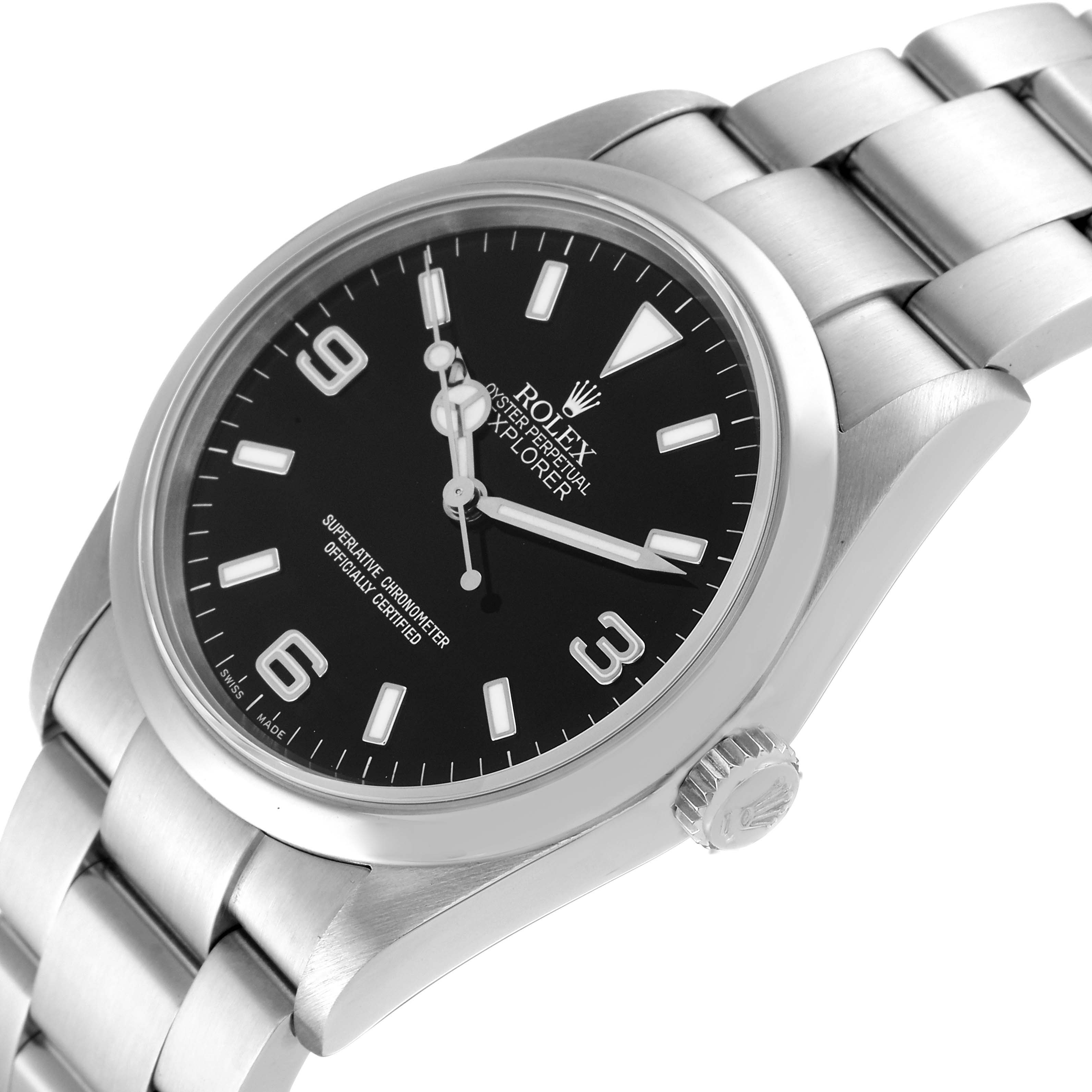 The image shows a Rolex Explorer 114270 Men
s Stainless Steel Black Dial 114270 Men
s Stainless Steel Black Dial watch at a slight angle, highlighting its face, bezel, crown, and bracelet.