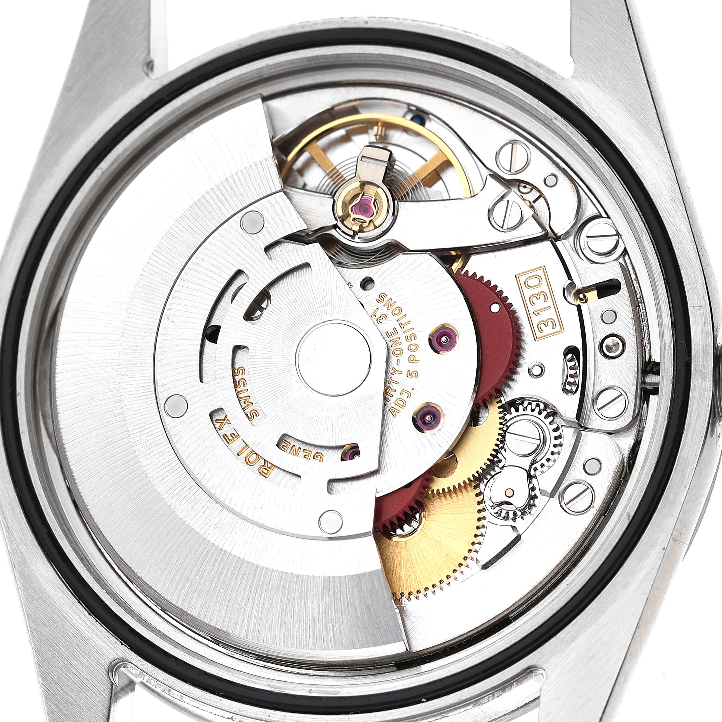 This image shows the internal movement mechanism of a Rolex Explorer 114270 Men
s Stainless Steel Black Dial 114270 Men
s Stainless Steel Black Dial model, viewed from the back.