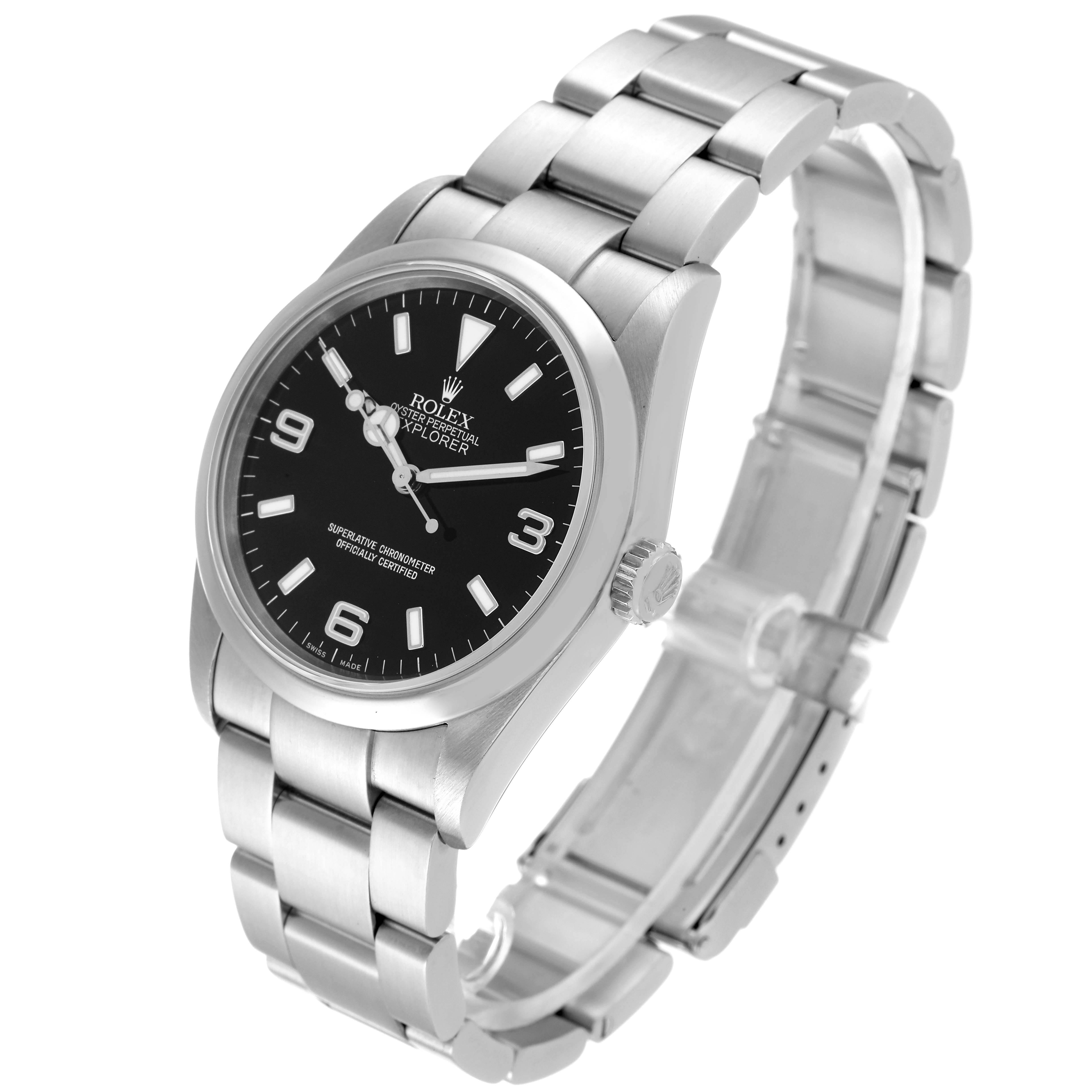 This image shows a side angle of the Rolex Explorer 114270 Men
s Stainless Steel Black Dial 114270 Men
s Stainless Steel Black Dial watch, highlighting its bracelet, case, dial, and crown.