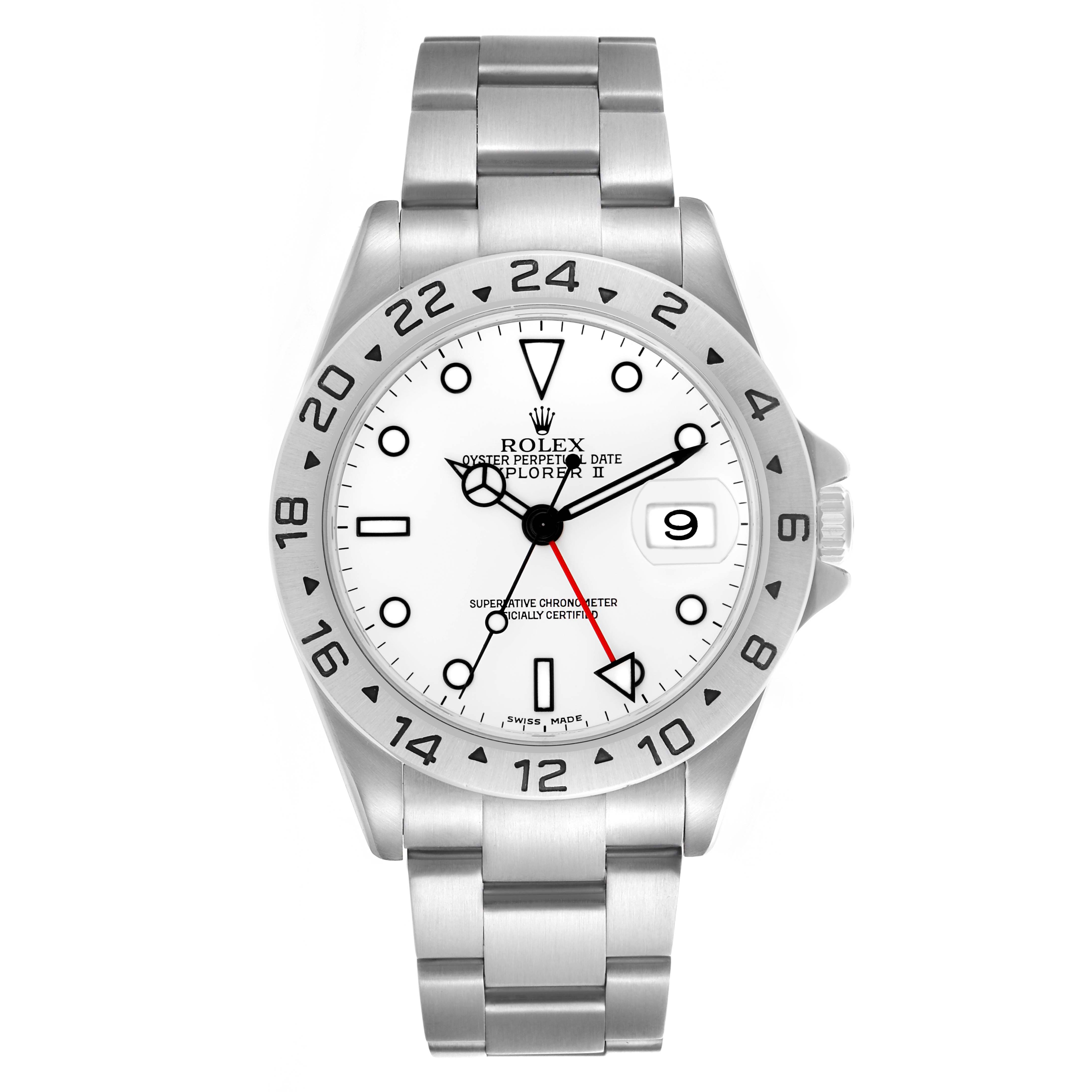 The Rolex Explorer 16570 Men's Stainless Steel White Dial 16570 Men's Stainless Steel White Dial watch is shown from the front, featuring the dial, bezel, case, bracelet, and crown.