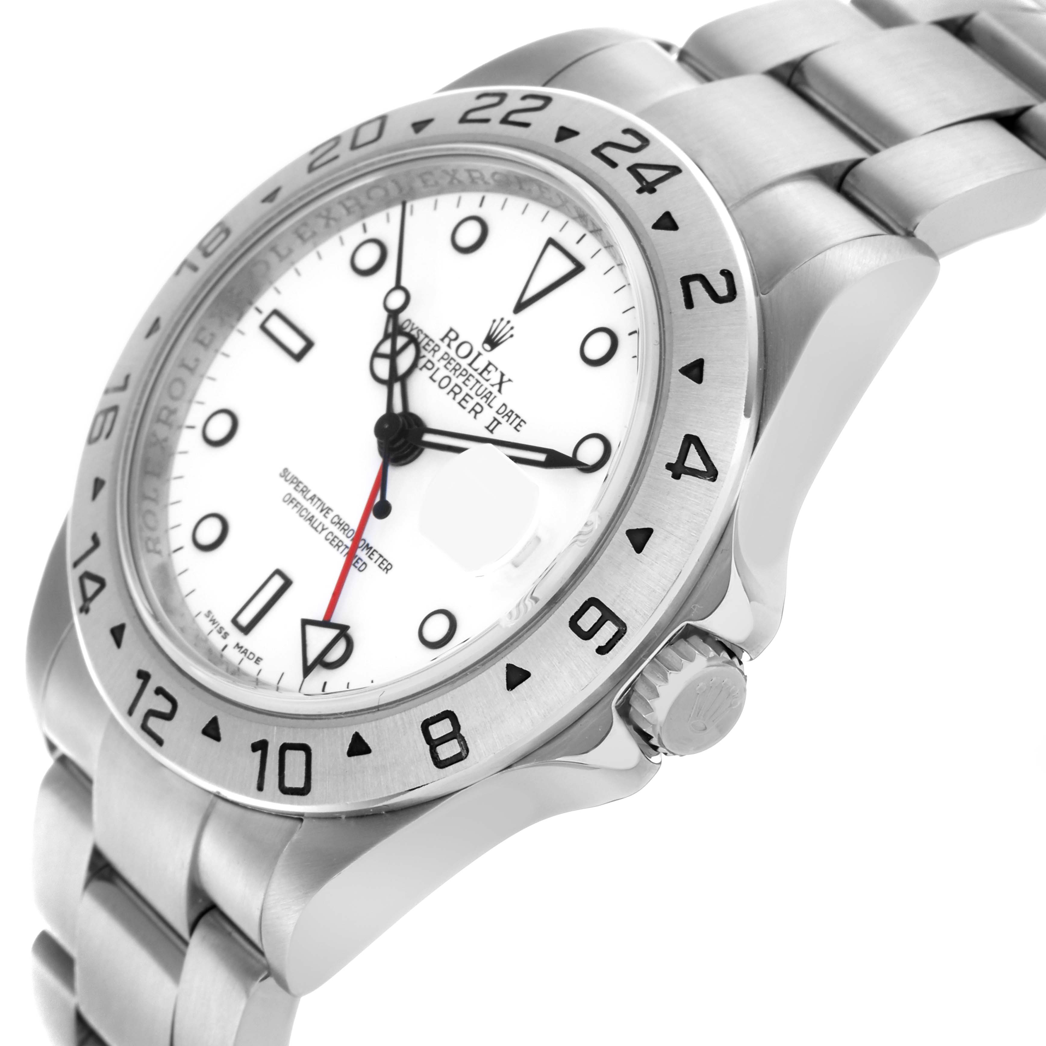 The Rolex Explorer 16570 Men's Stainless Steel White Dial 16570 Men's Stainless Steel White Dial watch is shown at a three-quarter angle, highlighting the bezel, crown, and bracelet.