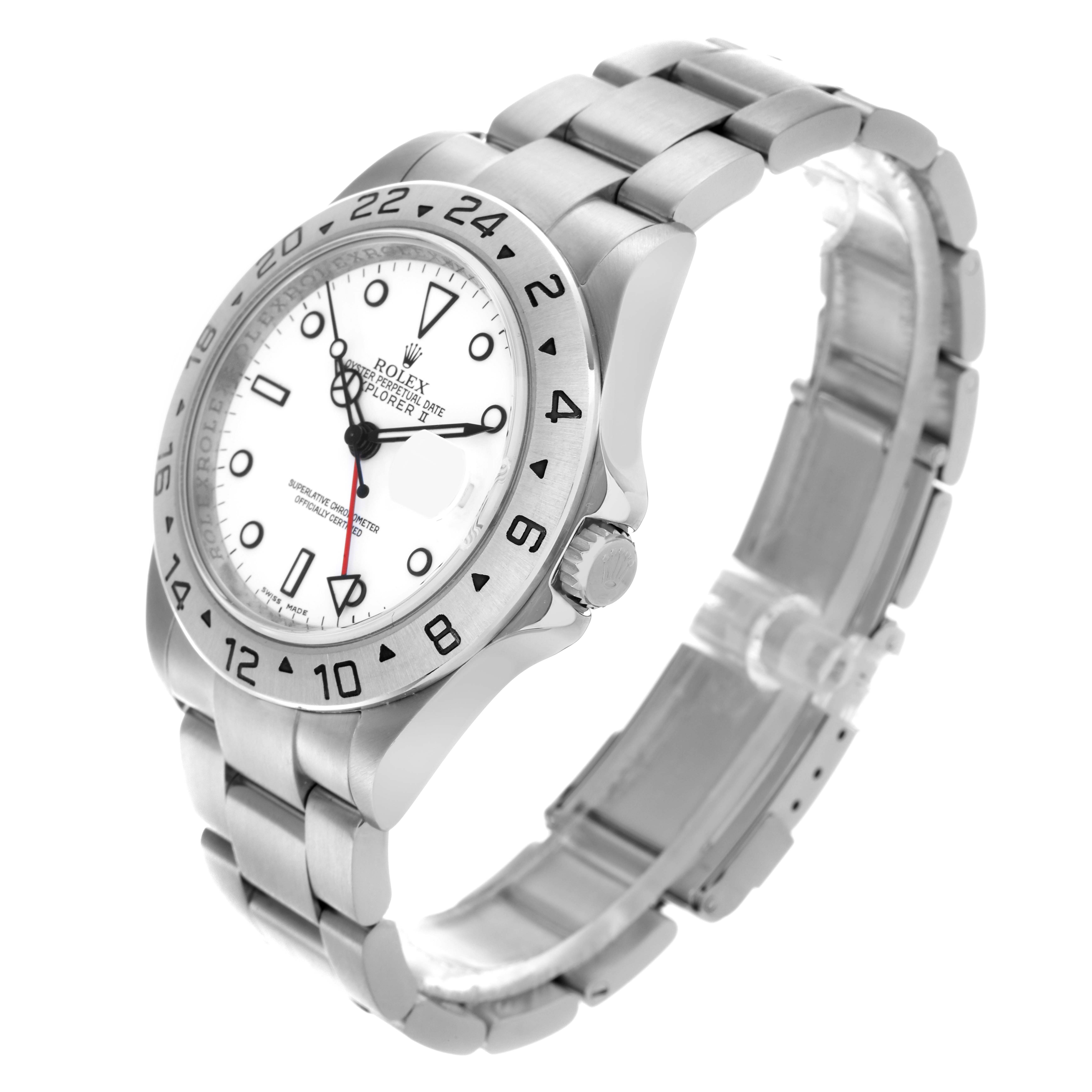 The Rolex Explorer 16570 Men's Stainless Steel White Dial 16570 Men's Stainless Steel White Dial watch is shown at a three-quarter angle, displaying its face, bezel, and bracelet.