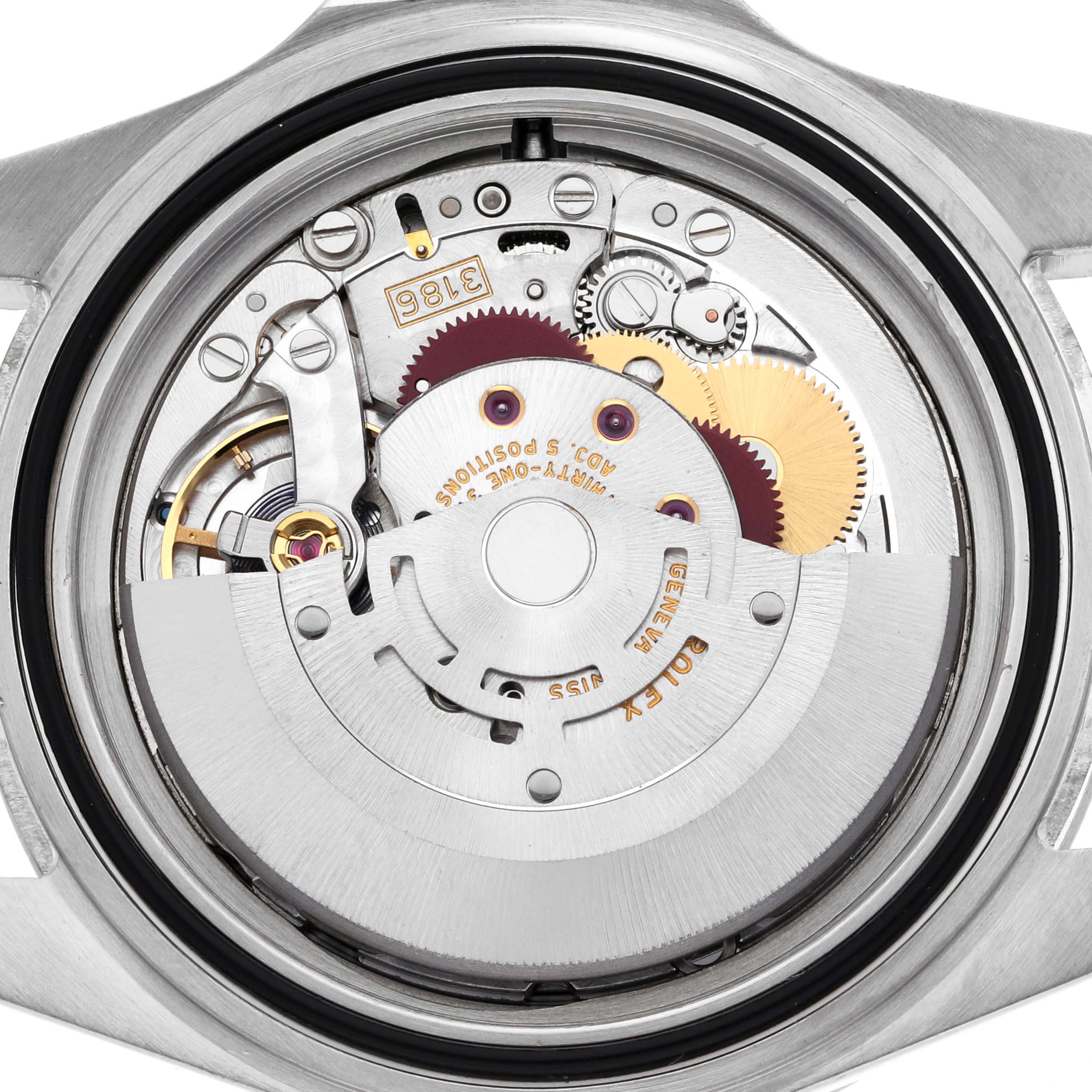 This image shows the back view of a Rolex Explorer 16570 Men's Stainless Steel White Dial 16570 Men's Stainless Steel White Dial, focusing on its automatic movement and inner mechanics.