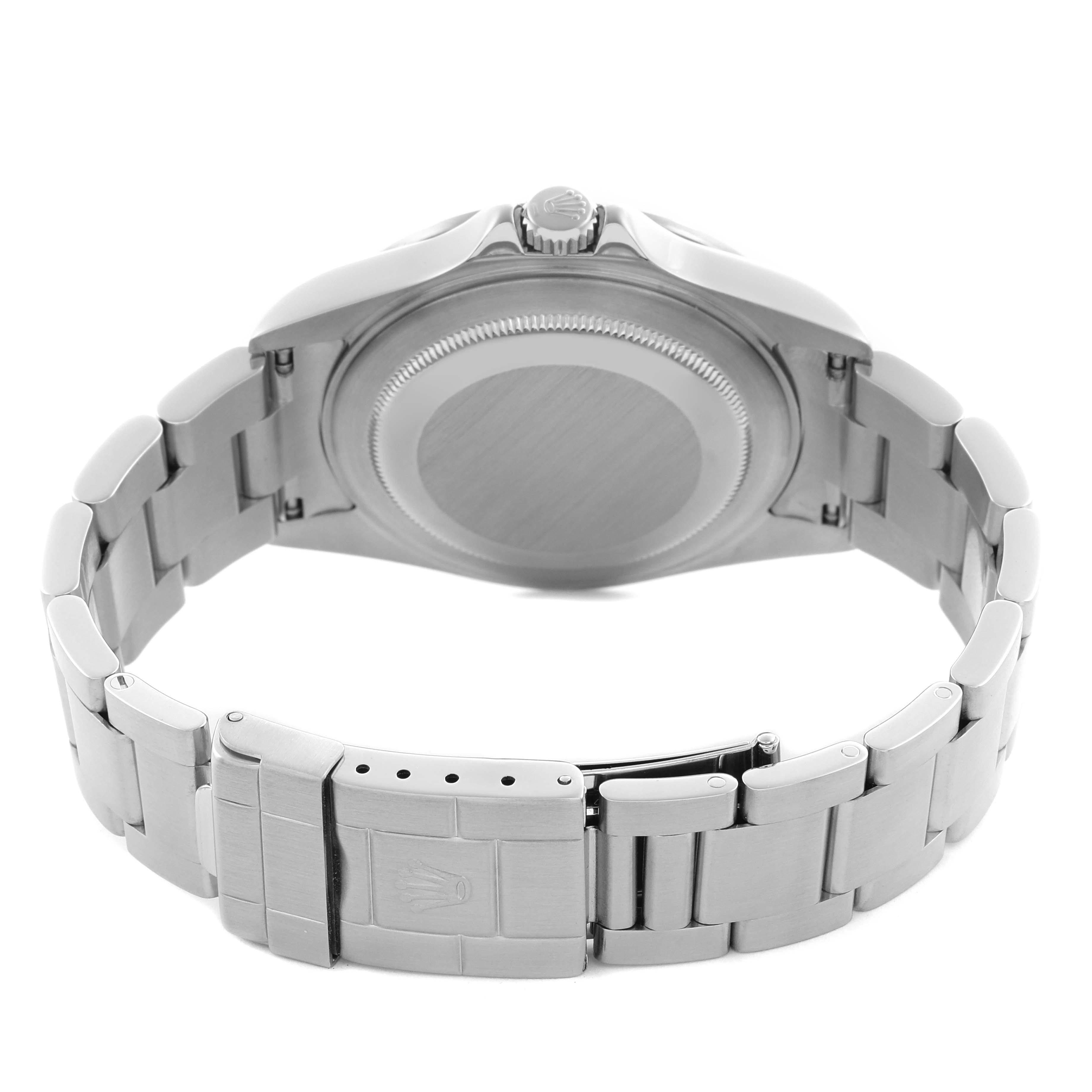 The image shows the back and bracelet of a Rolex Explorer 16570 Men's Stainless Steel White Dial 16570 Men's Stainless Steel White Dial, highlighting the case back and clasp.