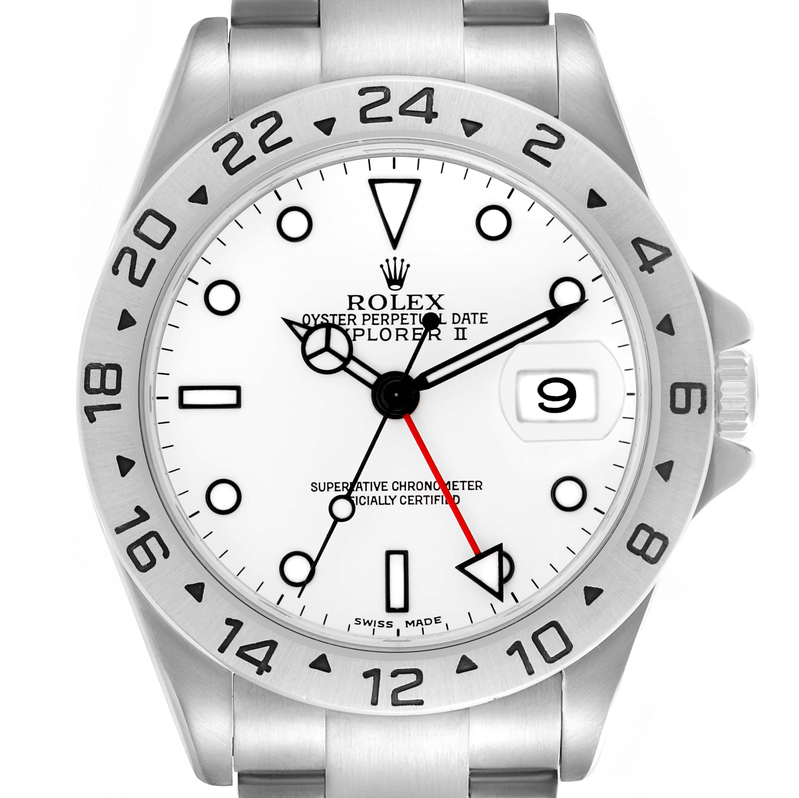 The Rolex Explorer 16570 Men's Stainless Steel White Dial 16570 Men's Stainless Steel White Dial watch is shown from a front angle, highlighting the dial, bezel, and oyster bracelet.