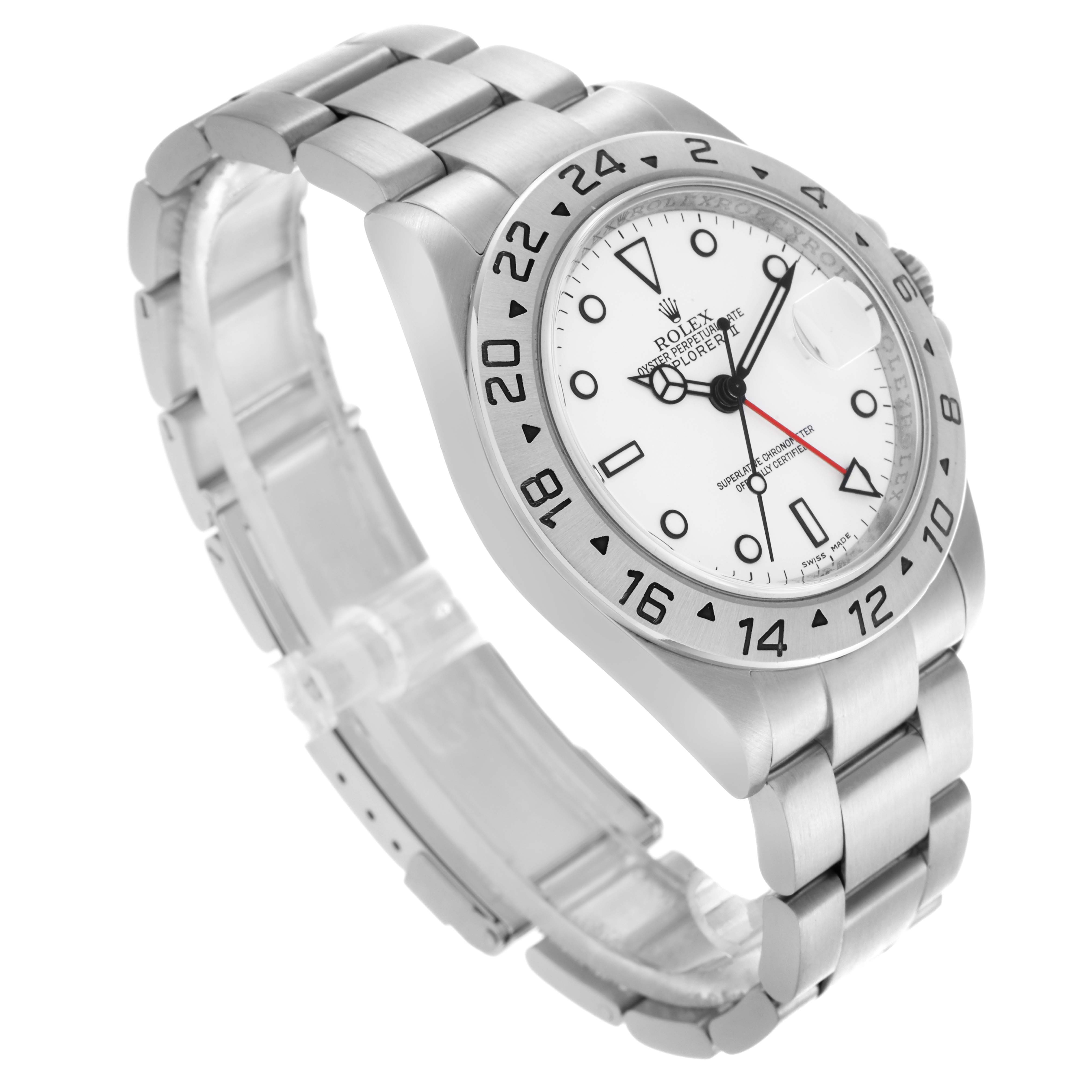 The Rolex Explorer 16570 Men's Stainless Steel White Dial 16570 Men's Stainless Steel White Dial watch is shown at a slight angle, highlighting the face, bezel, and metal bracelet.