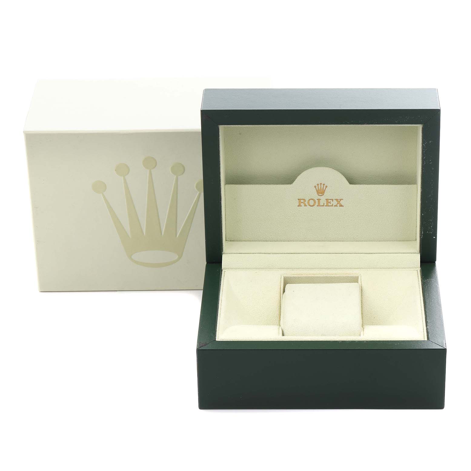 The image shows an open Rolex Explorer 16570 Men's Stainless Steel White Dial 16570 Men's Stainless Steel White Dial watch box with the outer box in the background, featuring the Rolex logo.