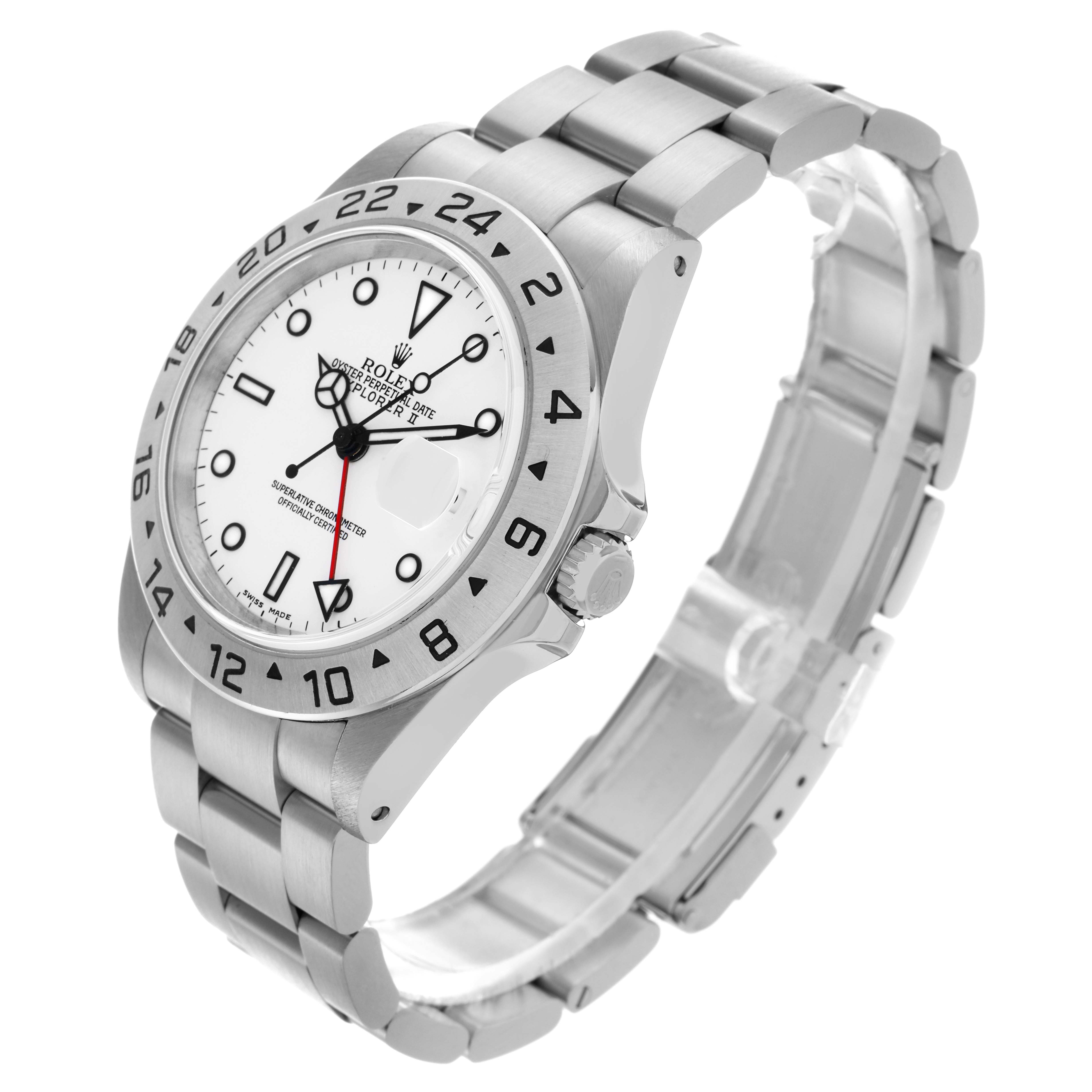 The Rolex Explorer 16570 Men's Stainless Steel White Dial 16570 Men's Stainless Steel White Dial watch is shown at a three-quarter angle, displaying the face, bezel, crown, and stainless steel bracelet.