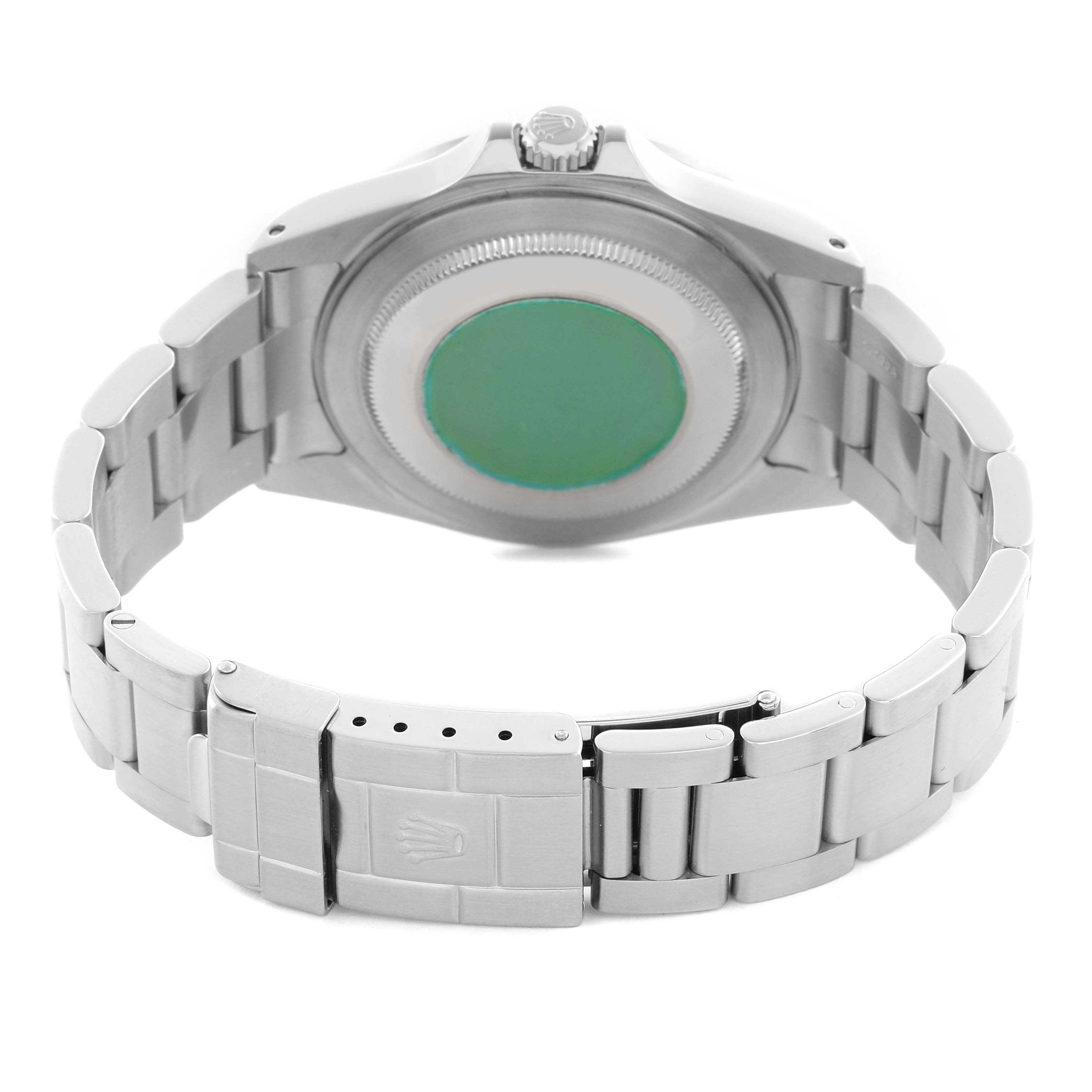 The image shows the rear view of a Rolex Explorer 16570 Men's Stainless Steel White Dial 16570 Men's Stainless Steel White Dial, displaying the case back and bracelet clasp.