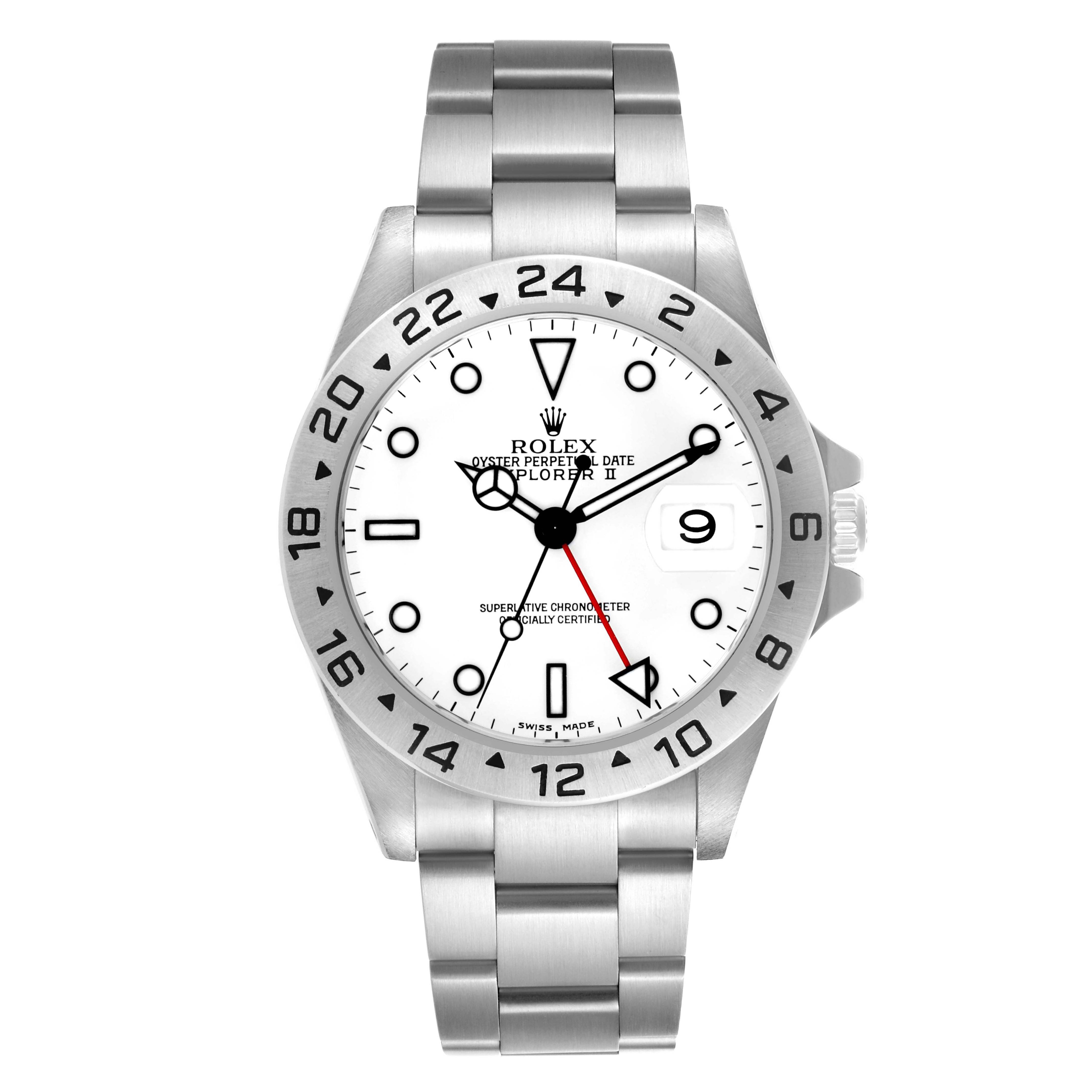 The Rolex Explorer 16570 Men's Stainless Steel White Dial 16570 Men's Stainless Steel White Dial watch is shown from a frontal angle, displaying its face, bezel, and bracelet.
