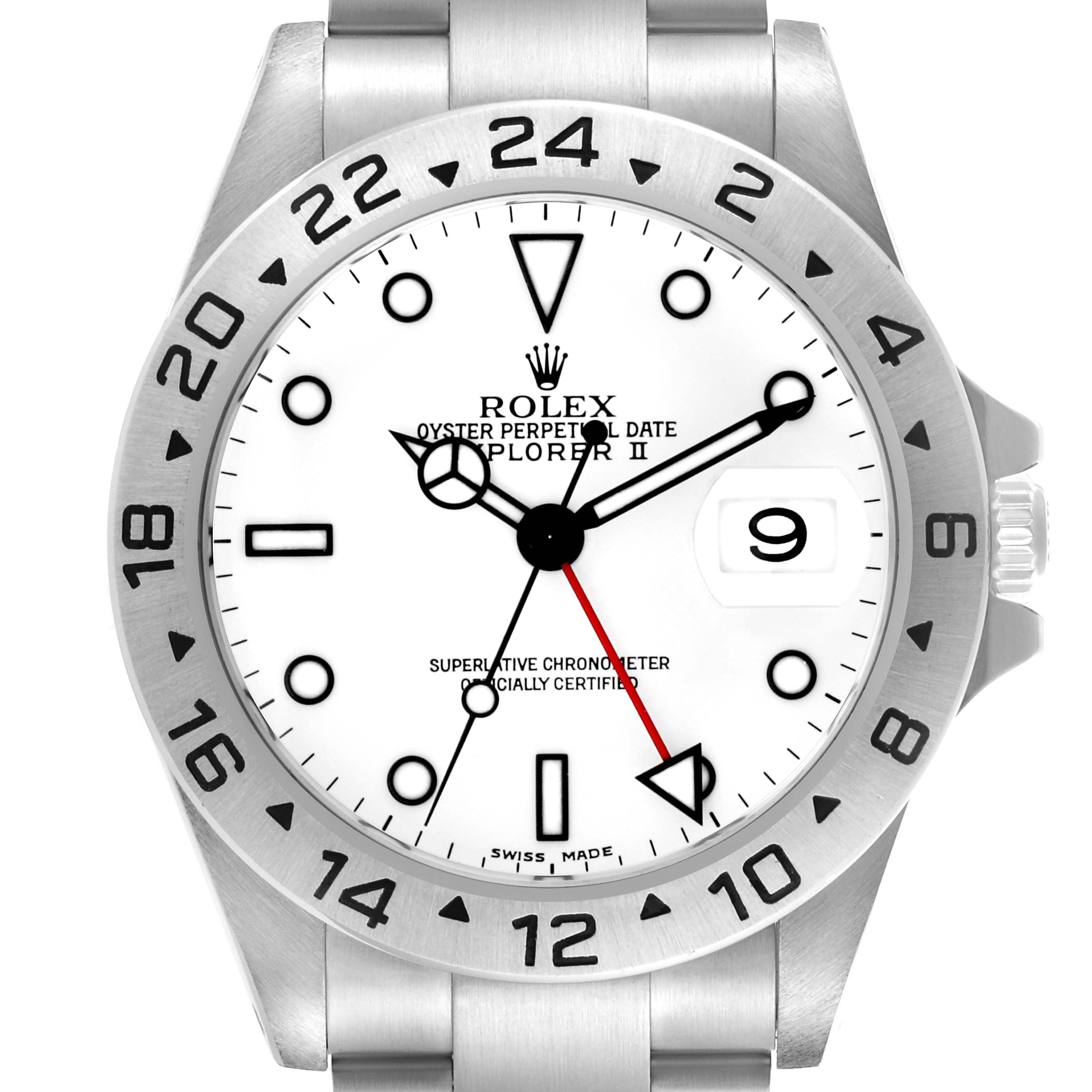 The Rolex Explorer 16570 Men's Stainless Steel White Dial 16570 Men's Stainless Steel White Dial watch is shown from the front, highlighting the dial, bezel, crown, and part of the bracelet.