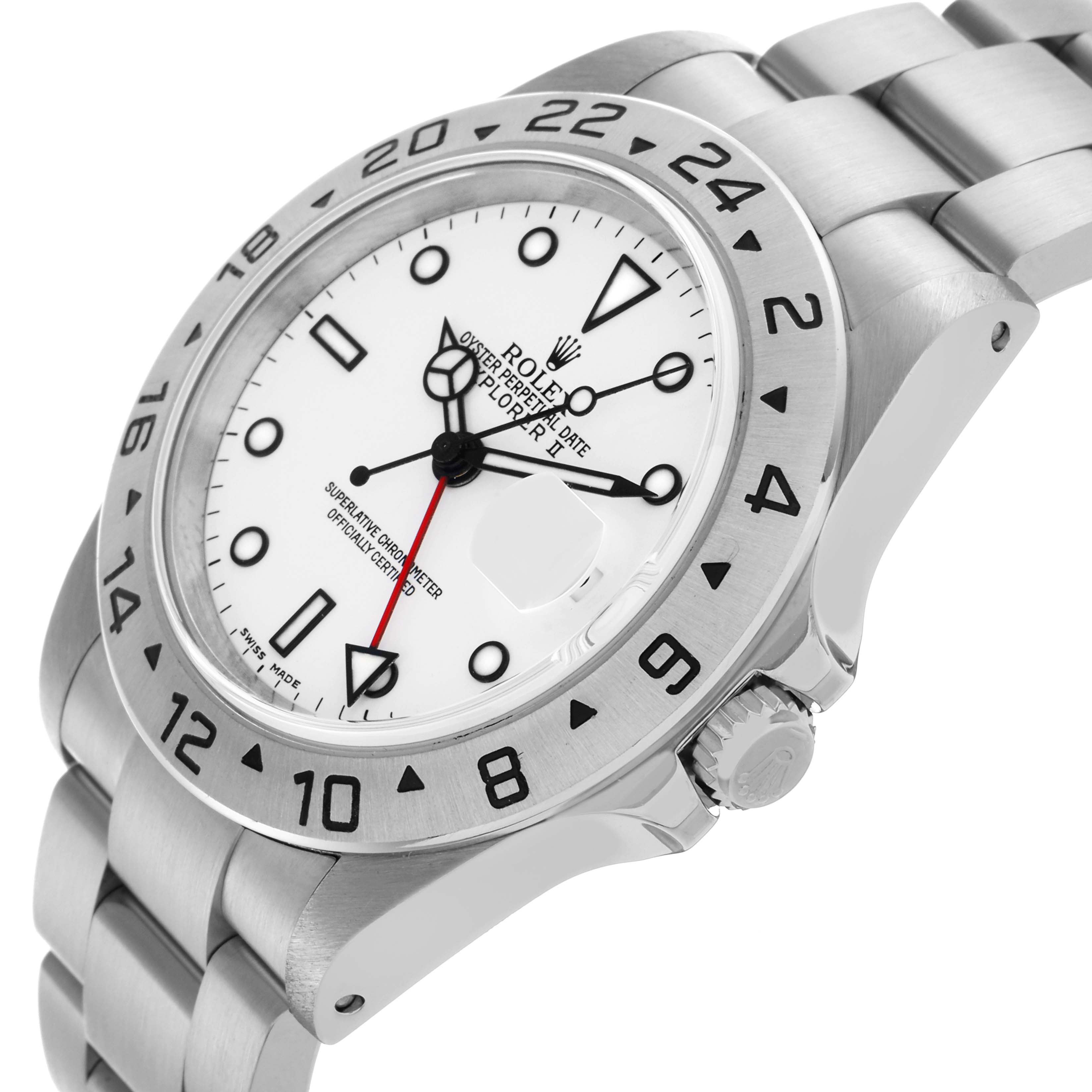 The Rolex Explorer 16570 Men's Stainless Steel White Dial 16570 Men's Stainless Steel White Dial watch is shown at a slight angle from above, highlighting the face, bezel, and stainless steel bracelet.
