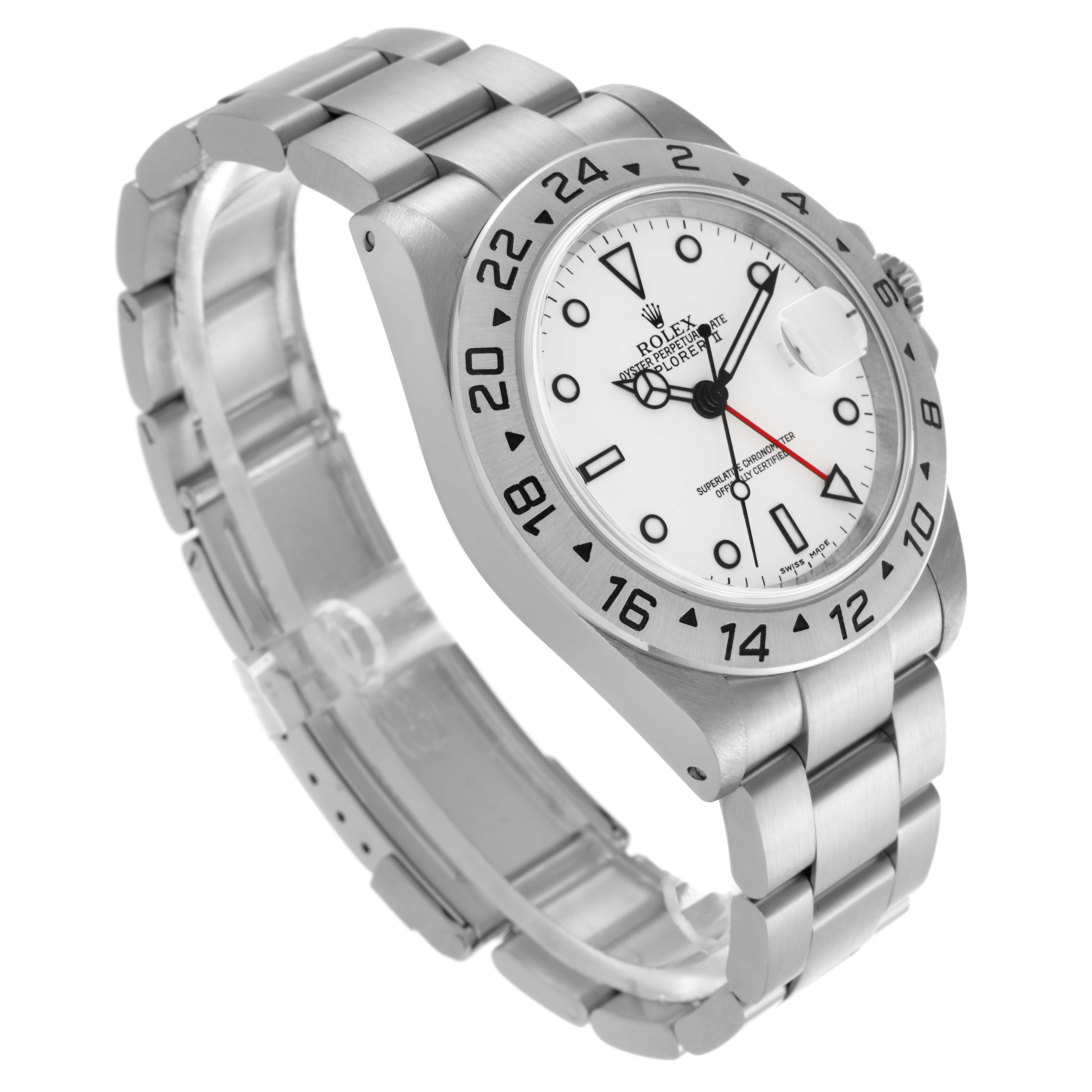 The Rolex Explorer 16570 Men's Stainless Steel White Dial 16570 Men's Stainless Steel White Dial watch is shown at a three-quarter angle, displaying its face, bezel, bracelet, and clasp.