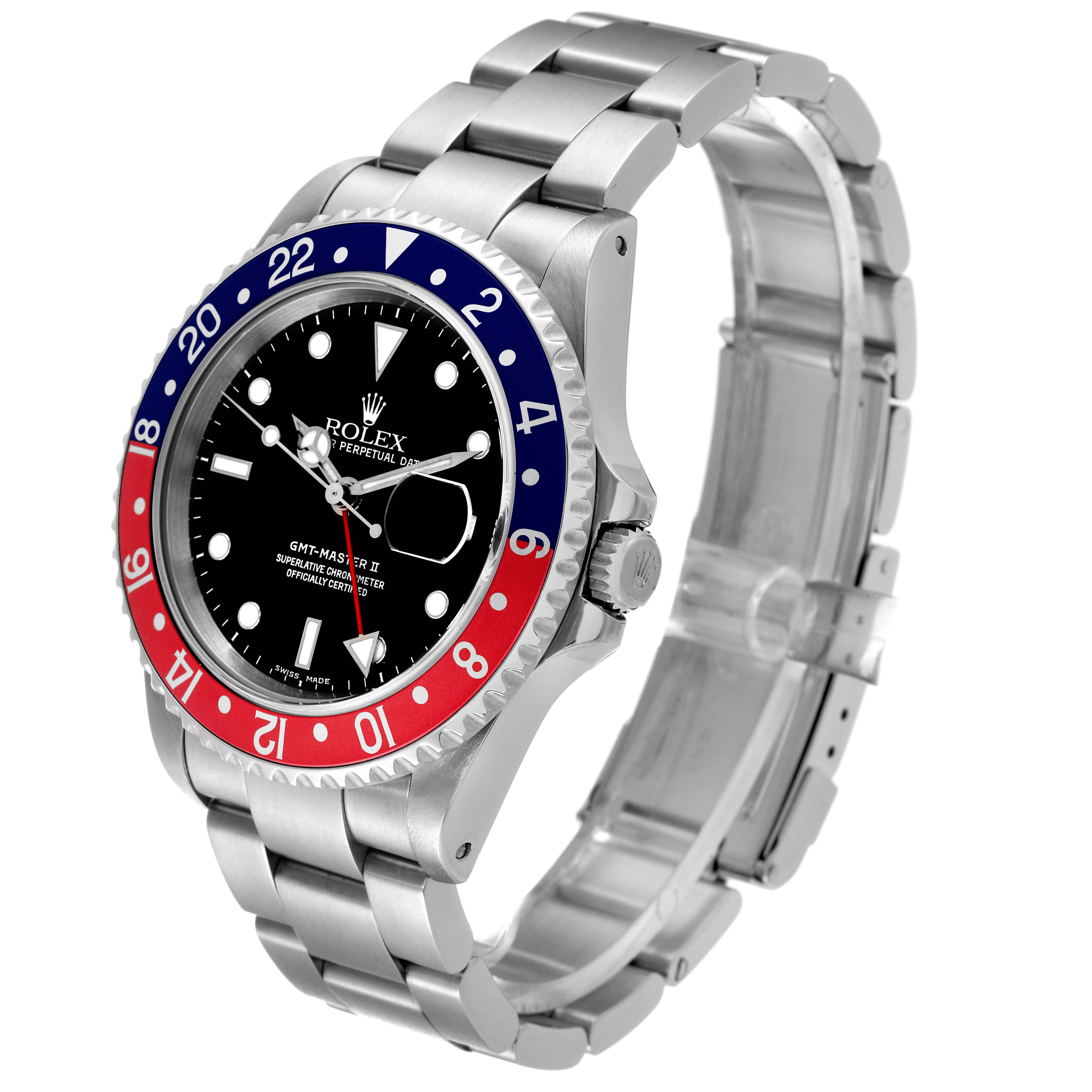 This is a Rolex GMT-Master 16710 Men's Stainless Steel Black Dial 16710 Men's Stainless Steel Black Dial watch shown at a three-quarter angle highlighting the face, bezel, bracelet, and crown.