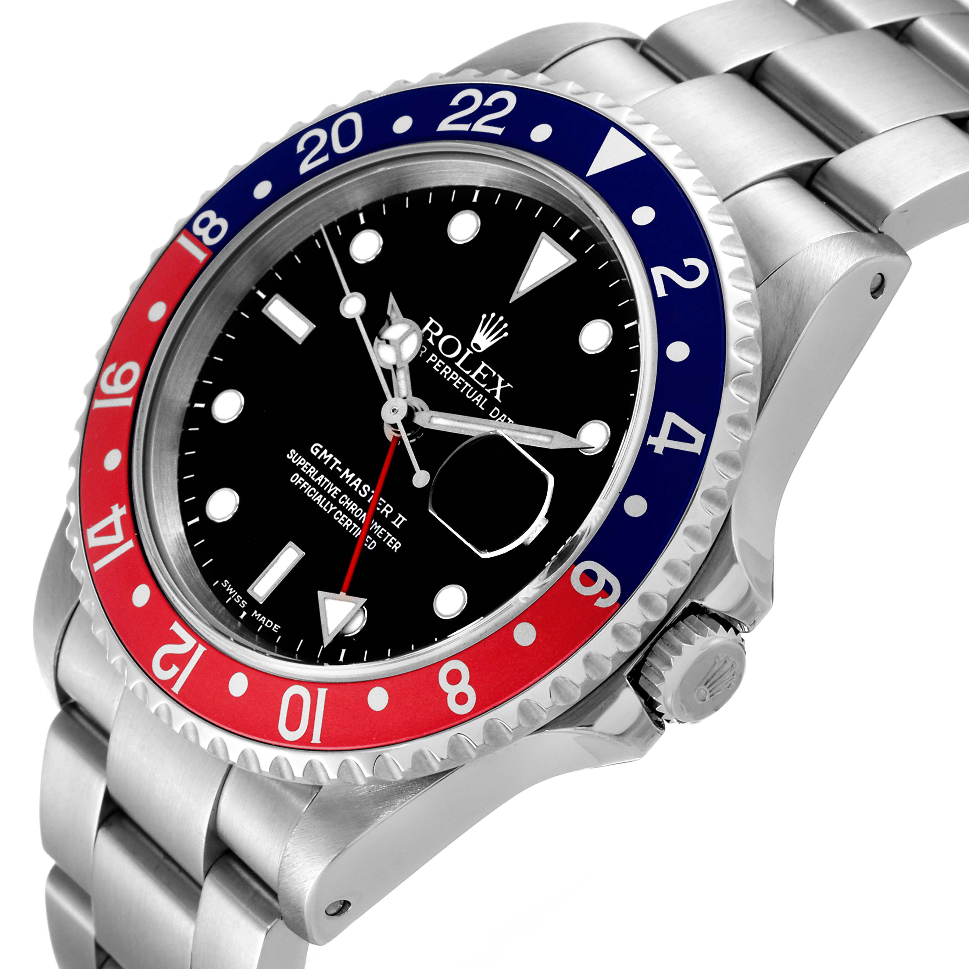 This image shows the Rolex GMT-Master 16710 Men's Stainless Steel Black Dial 16710 Men's Stainless Steel Black Dial II watch at an angled view, highlighting the red and blue bezel, black dial, and steel bracelet.