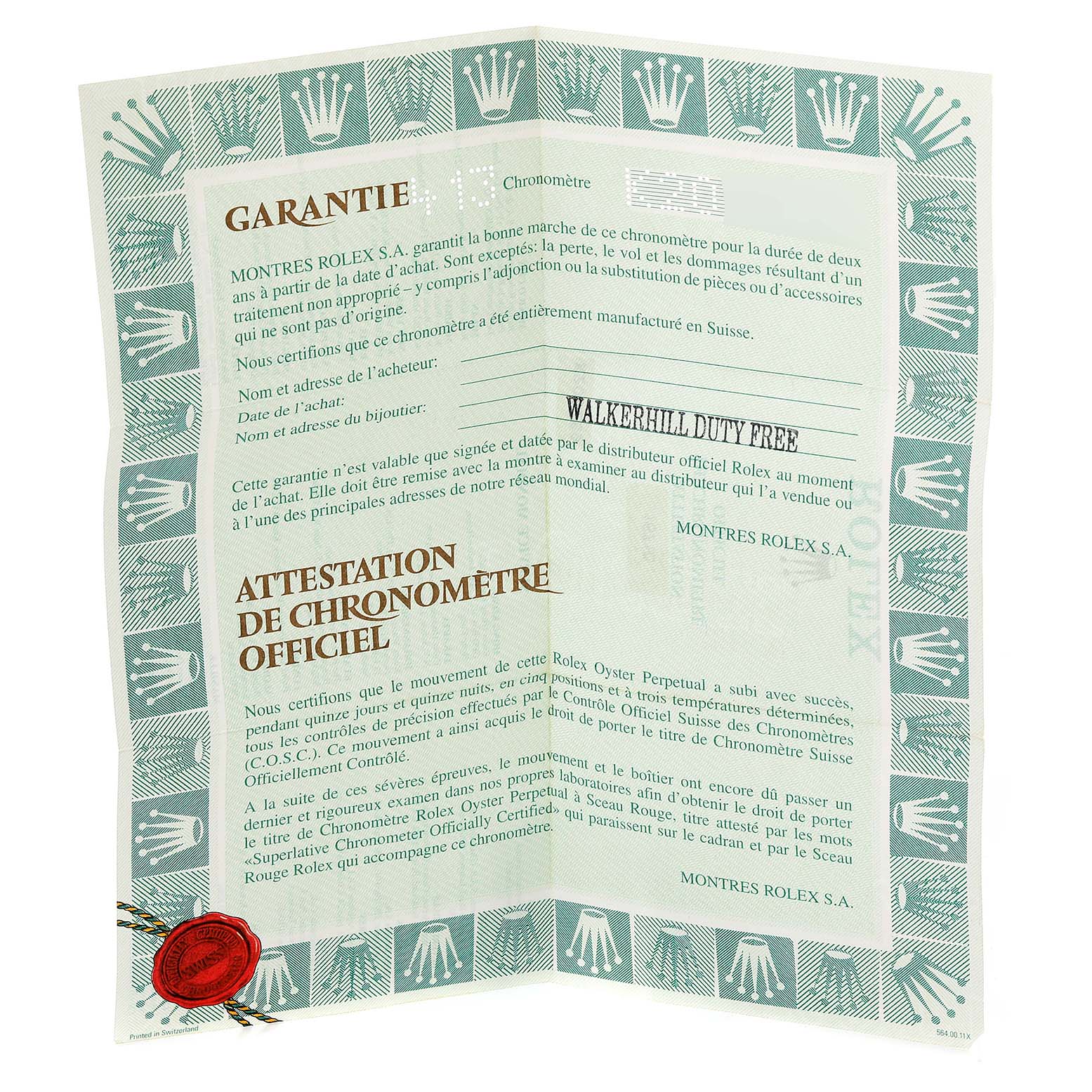 The image shows a warranty certificate for the GMT-Master model by Rolex with text and official markings.