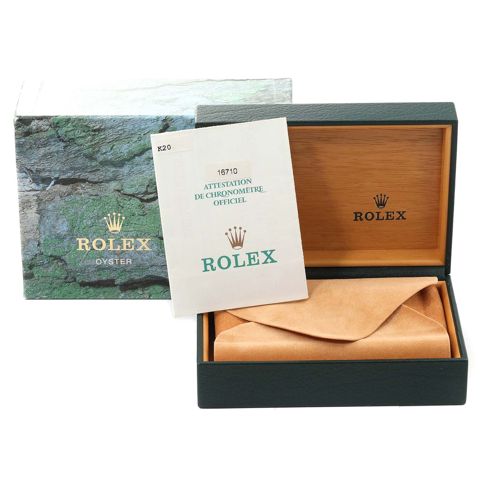 This image shows the packaging and documentation for a Rolex GMT-Master 16710 Men's Stainless Steel Black Dial 16710 Men's Stainless Steel Black Dial watch, including the outer box, inner box, and certificate.