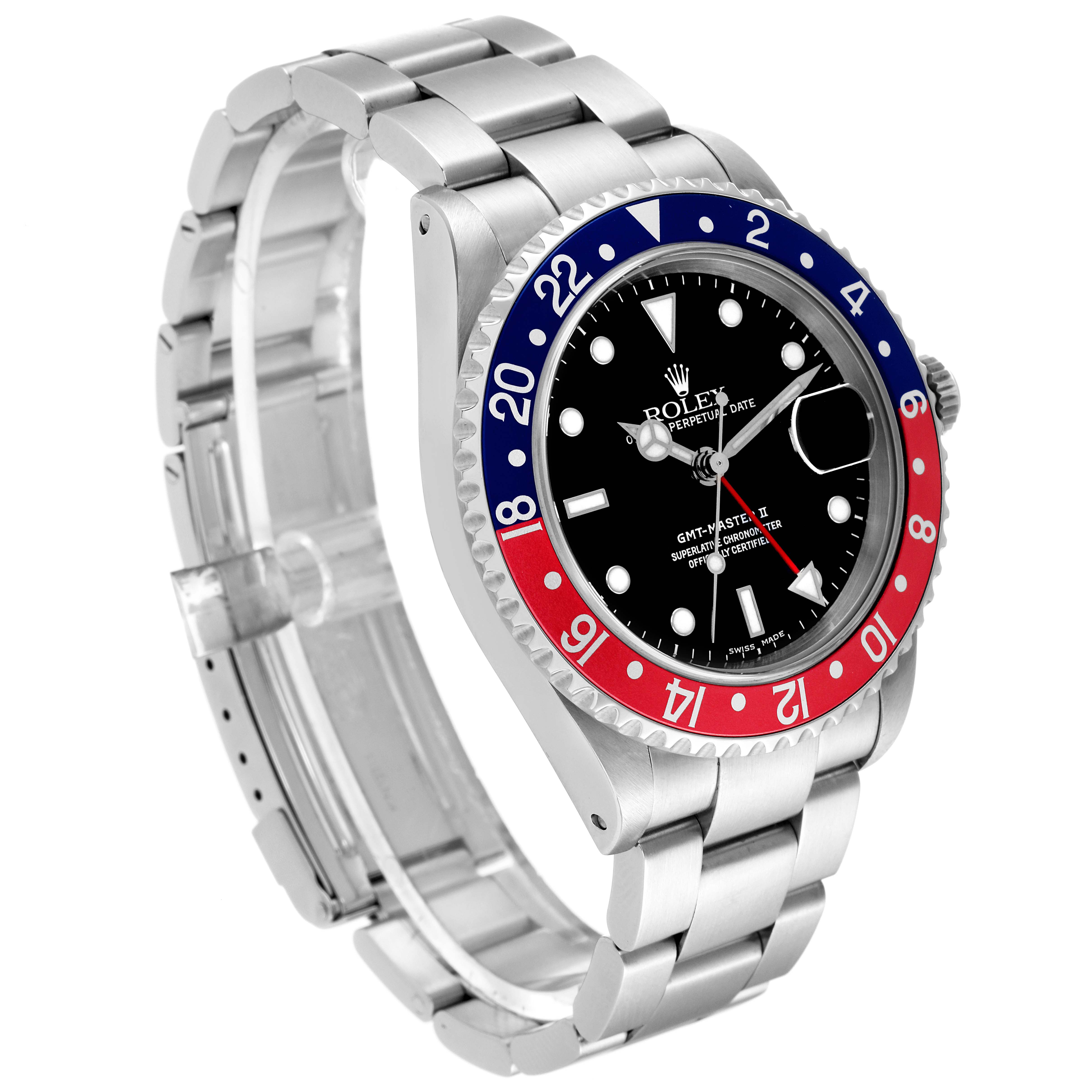The image shows a Rolex GMT-Master 16710 Men's Stainless Steel Black Dial 16710 Men's Stainless Steel Black Dial watch angled from the top left, highlighting the bezel, dial, and stainless steel bracelet.