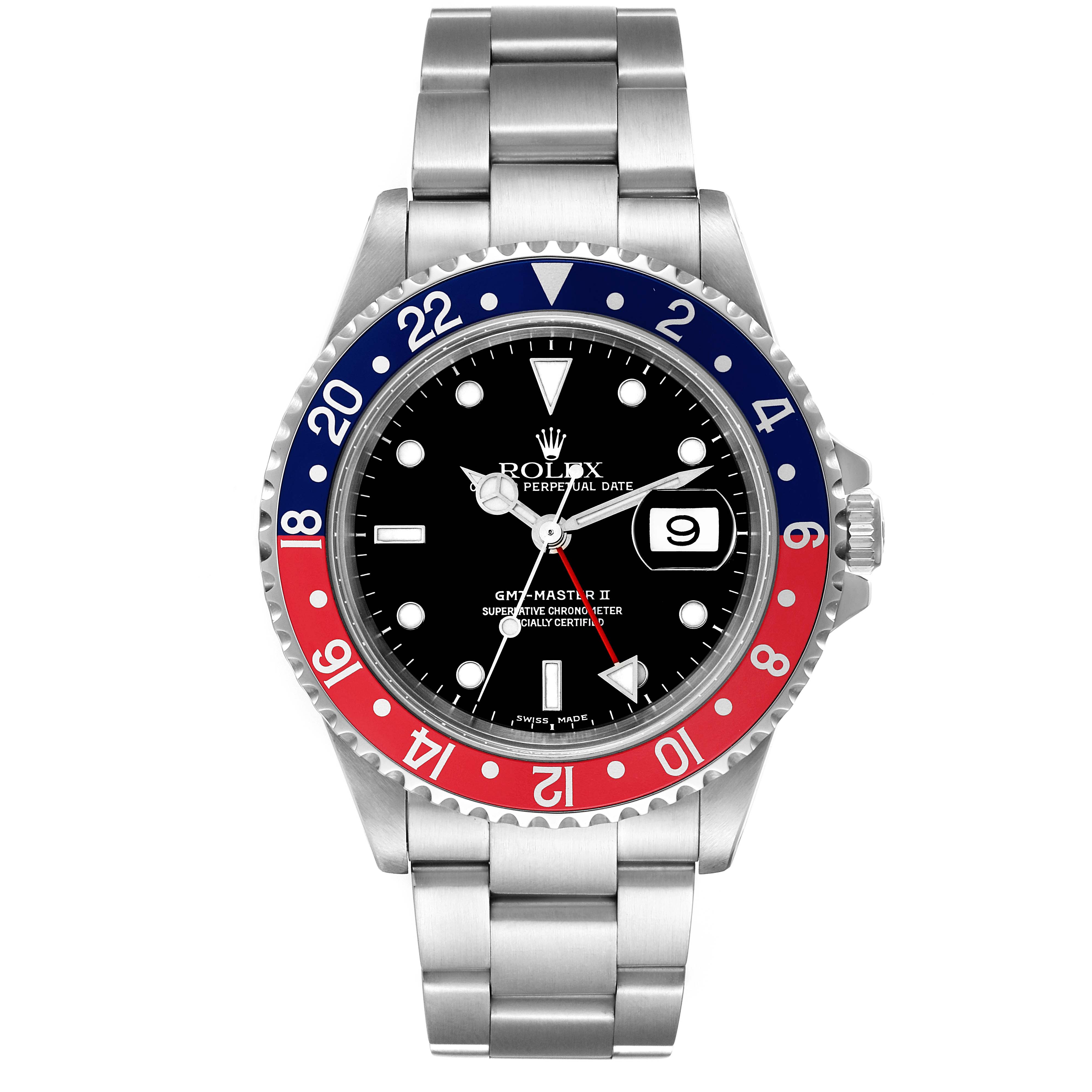 The Rolex GMT-Master 16710 Men's Stainless Steel Black Dial 16710 Men's Stainless Steel Black Dial watch is shown from a front view, displaying its bezel, dial, hands, date window, and stainless steel bracelet.