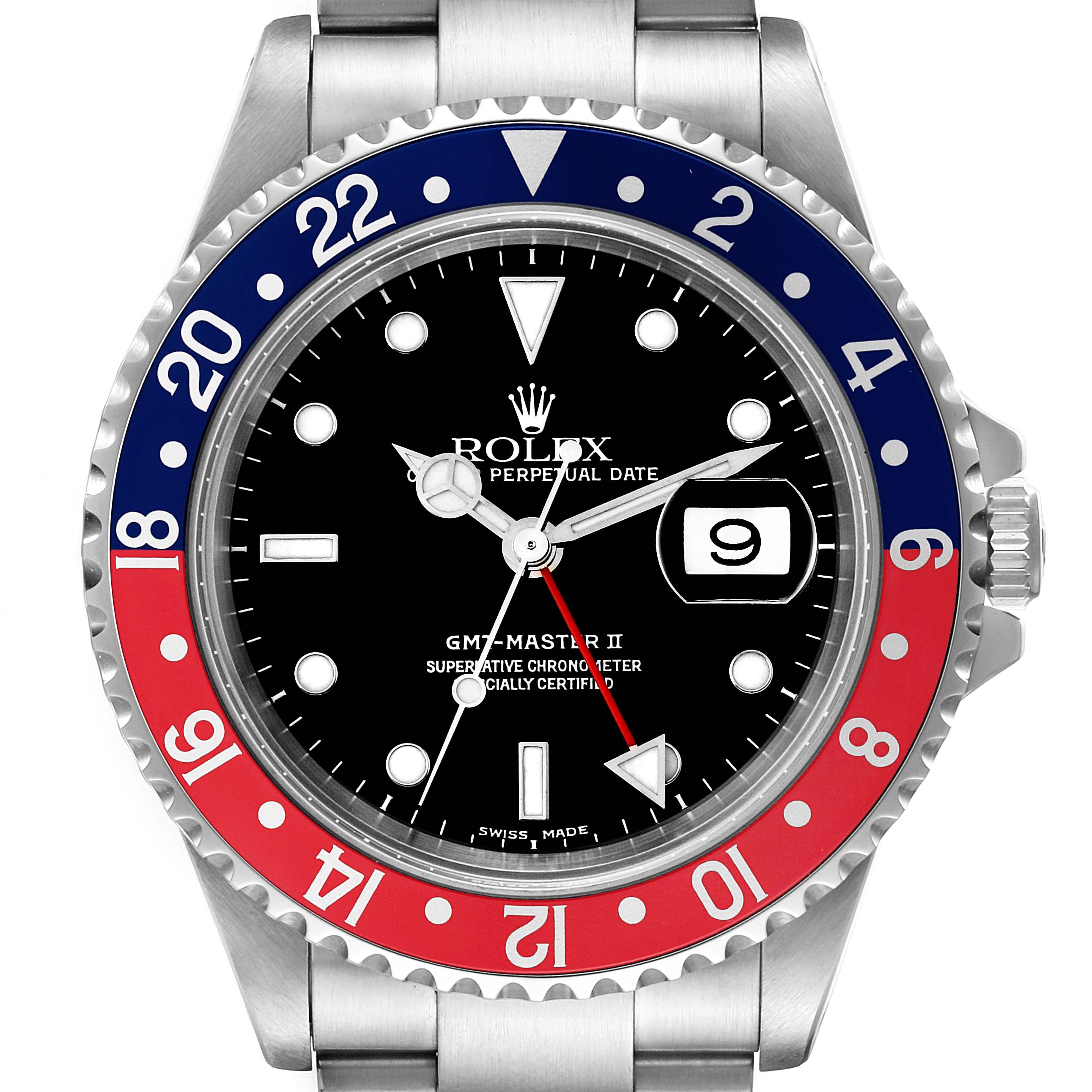 The image shows a top-down view of a Rolex GMT-Master 16710 Men's Stainless Steel Black Dial 16710 Men's Stainless Steel Black Dial II watch, displaying the bezel, dial, hands, and part of the bracelet.