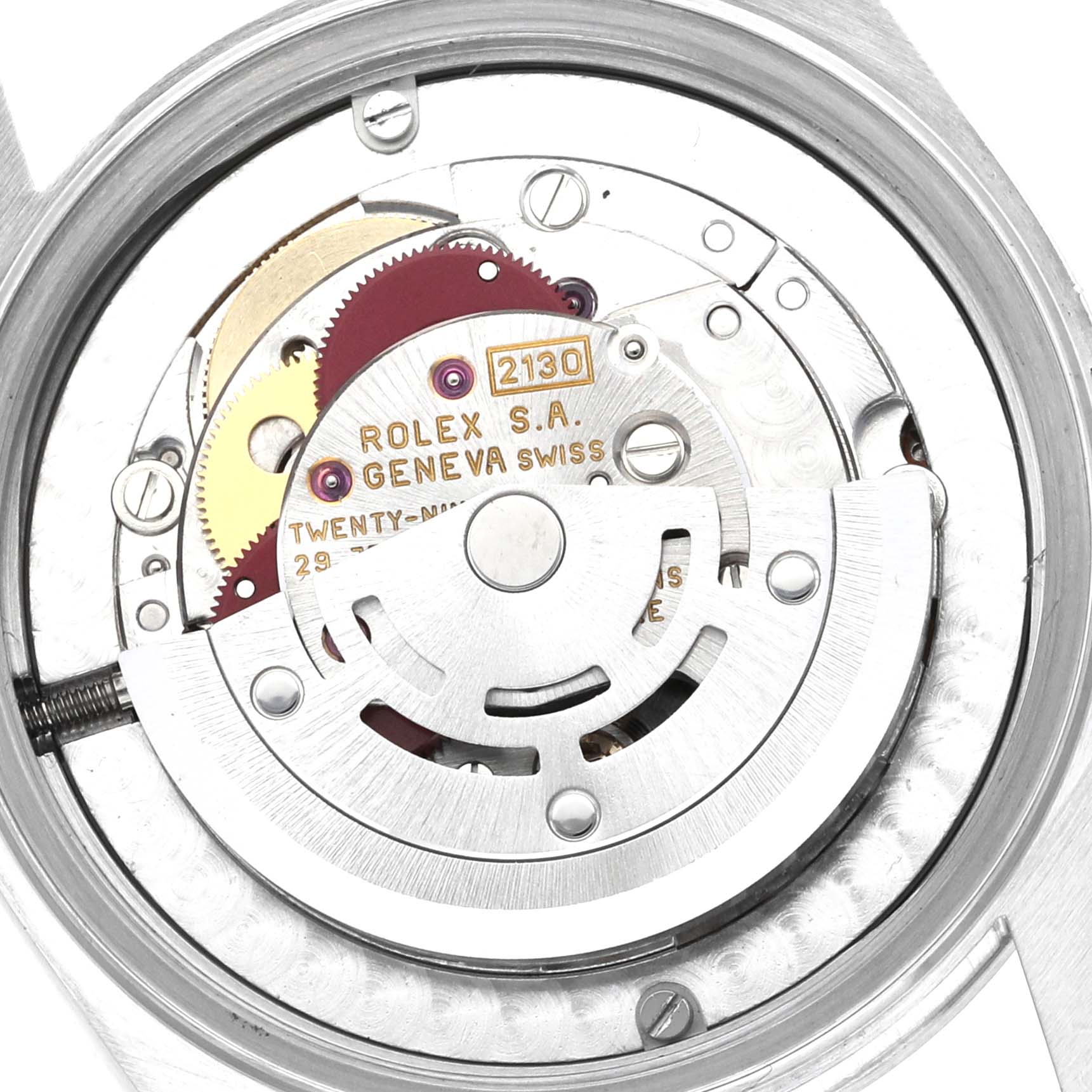 This image shows a close-up of the movement inside a Rolex Mid-Size 67480 Women
s Stainless Steel Blue Dial 67480 Women
s Stainless Steel Blue Dial watch, highlighting the intricate gears and markings.