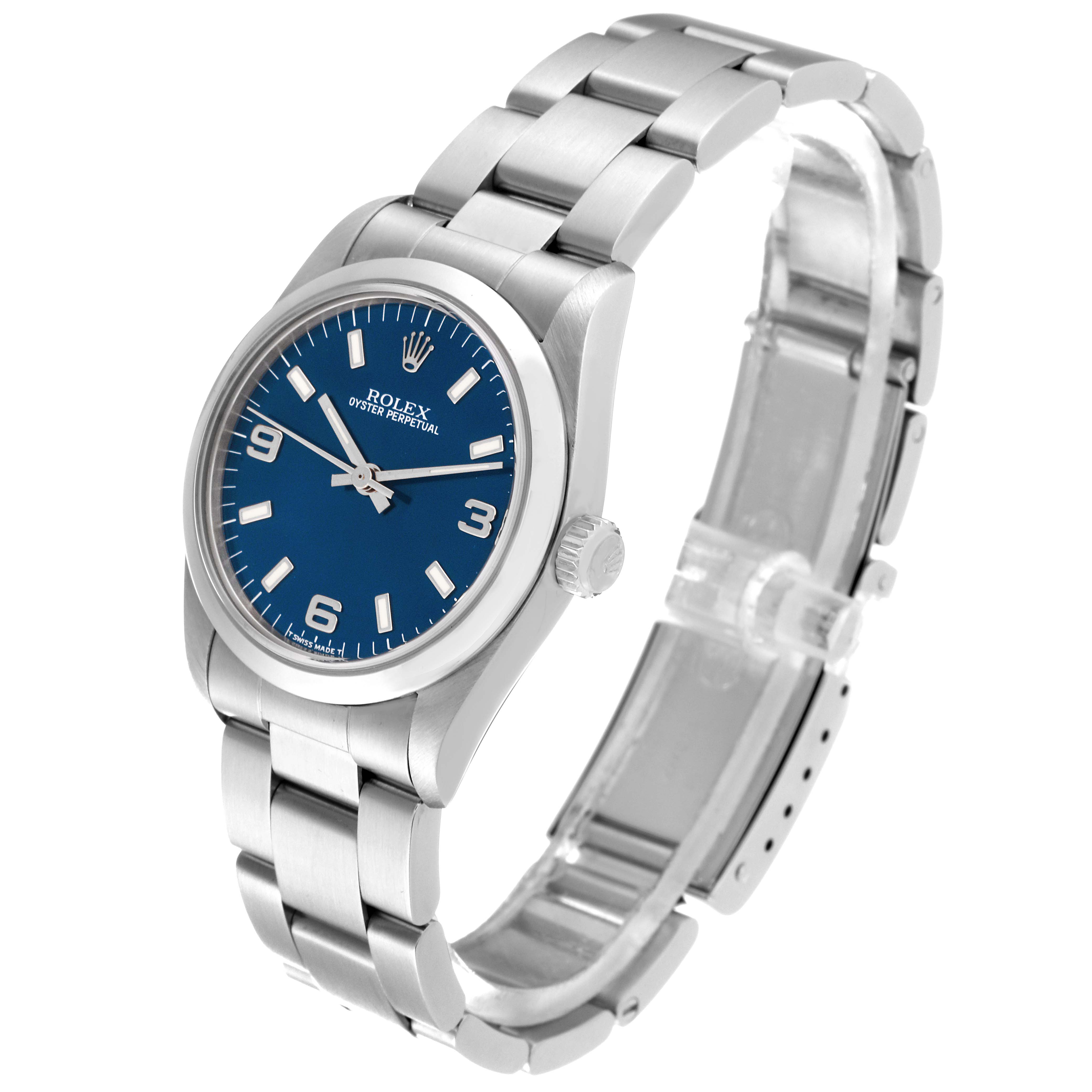 This image shows a Mid-Size Rolex Oyster Perpetual watch from an angled top-down view, displaying the band, case, and dial.