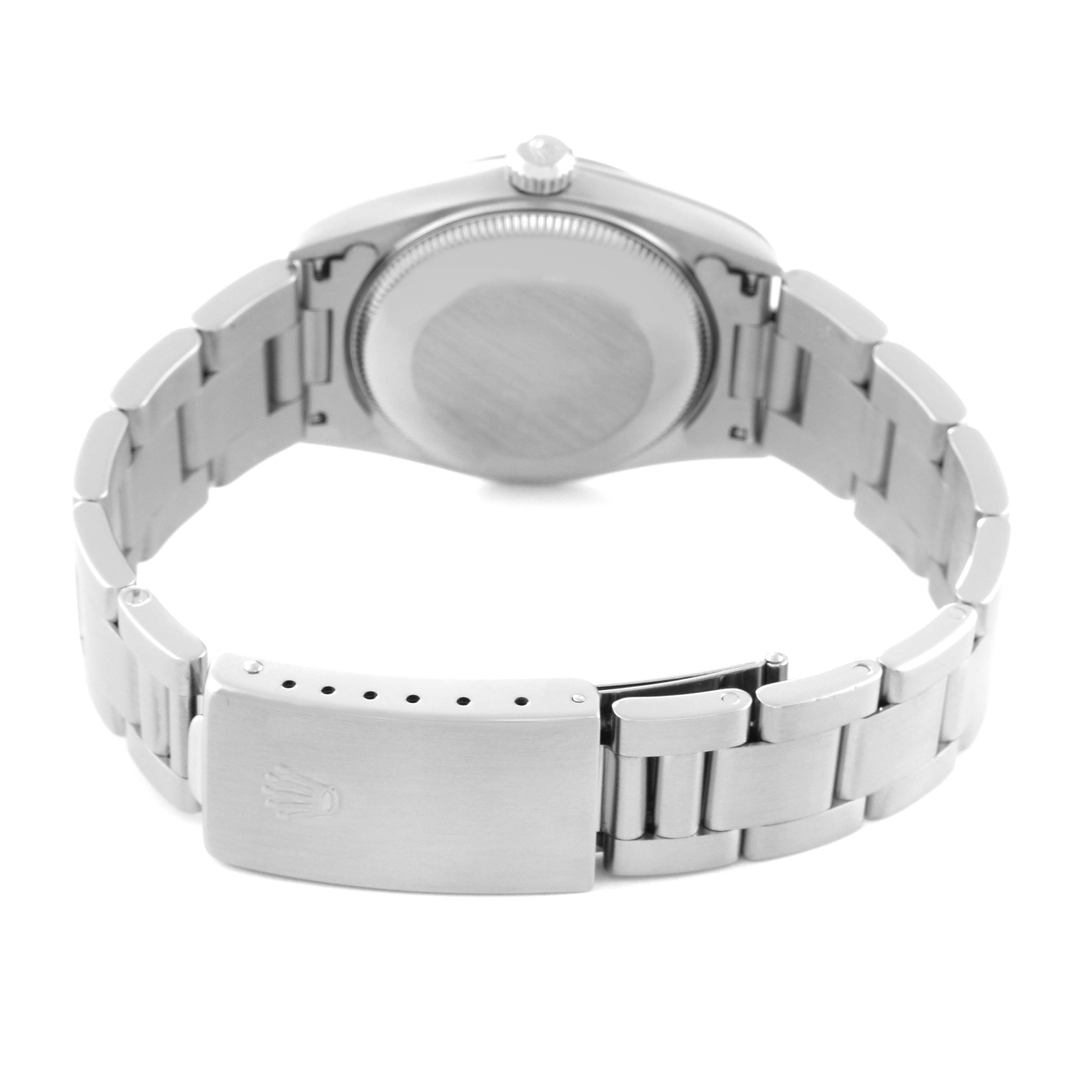 The image shows the back view of a Mid-Size Rolex watch, including the case back, bracelet, and clasp.