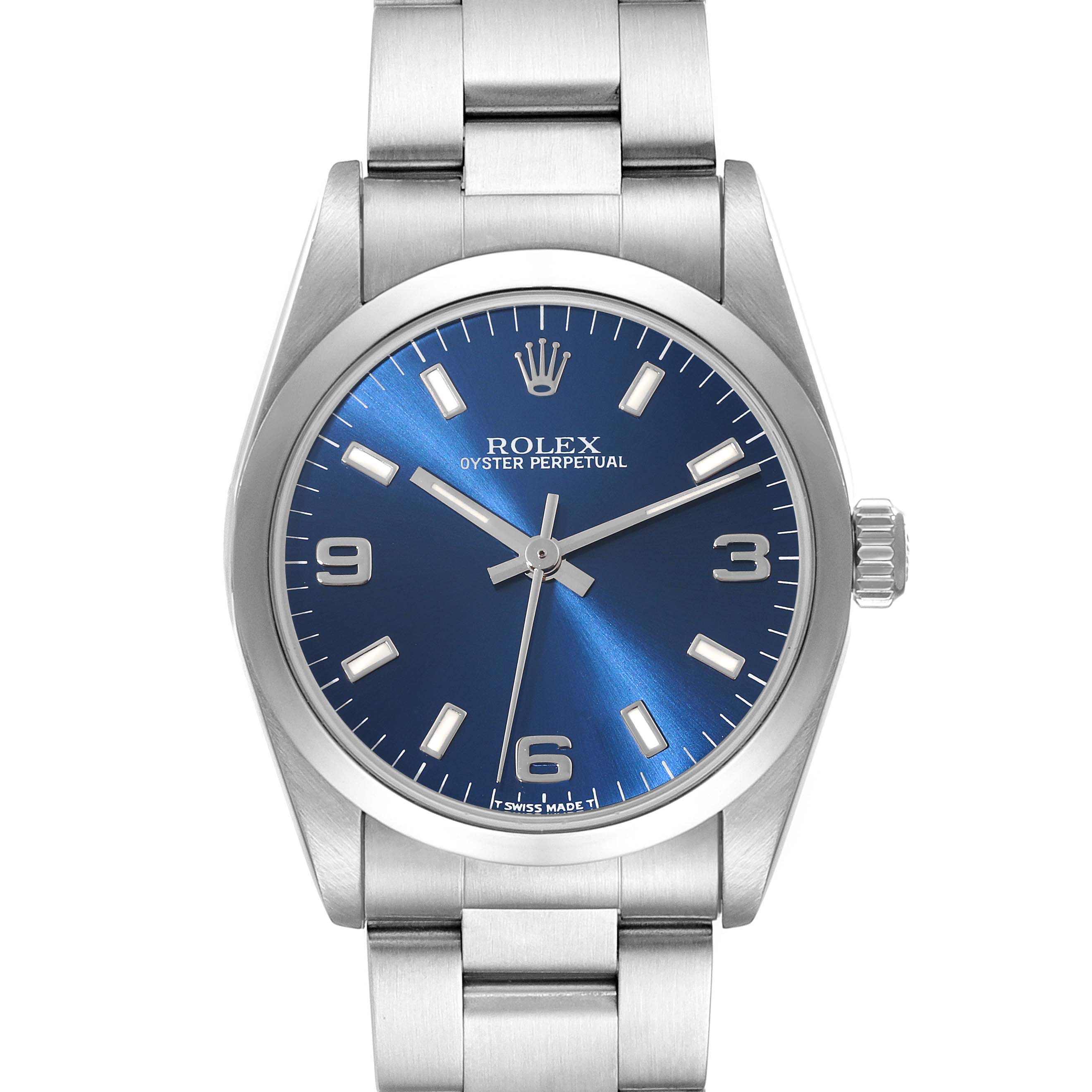This image shows a front view of a Rolex Oyster Perpetual Mid-Size watch with a blue dial and silver bracelet.