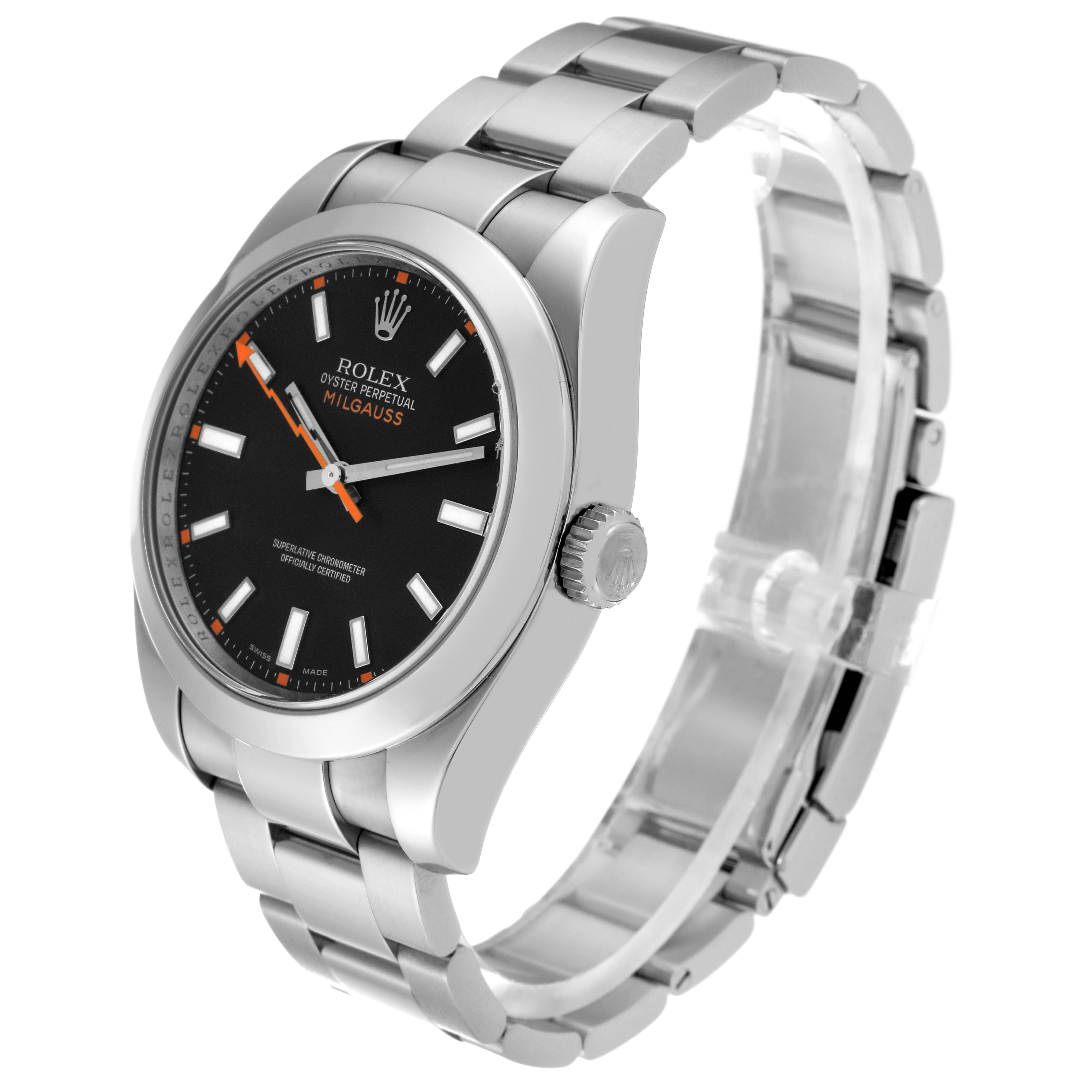 The image shows a side angle of a Rolex Milgauss 116400 Men's Stainless Steel Black Dial 116400 Men's Stainless Steel Black Dial watch, highlighting the face, crown, and bracelet.