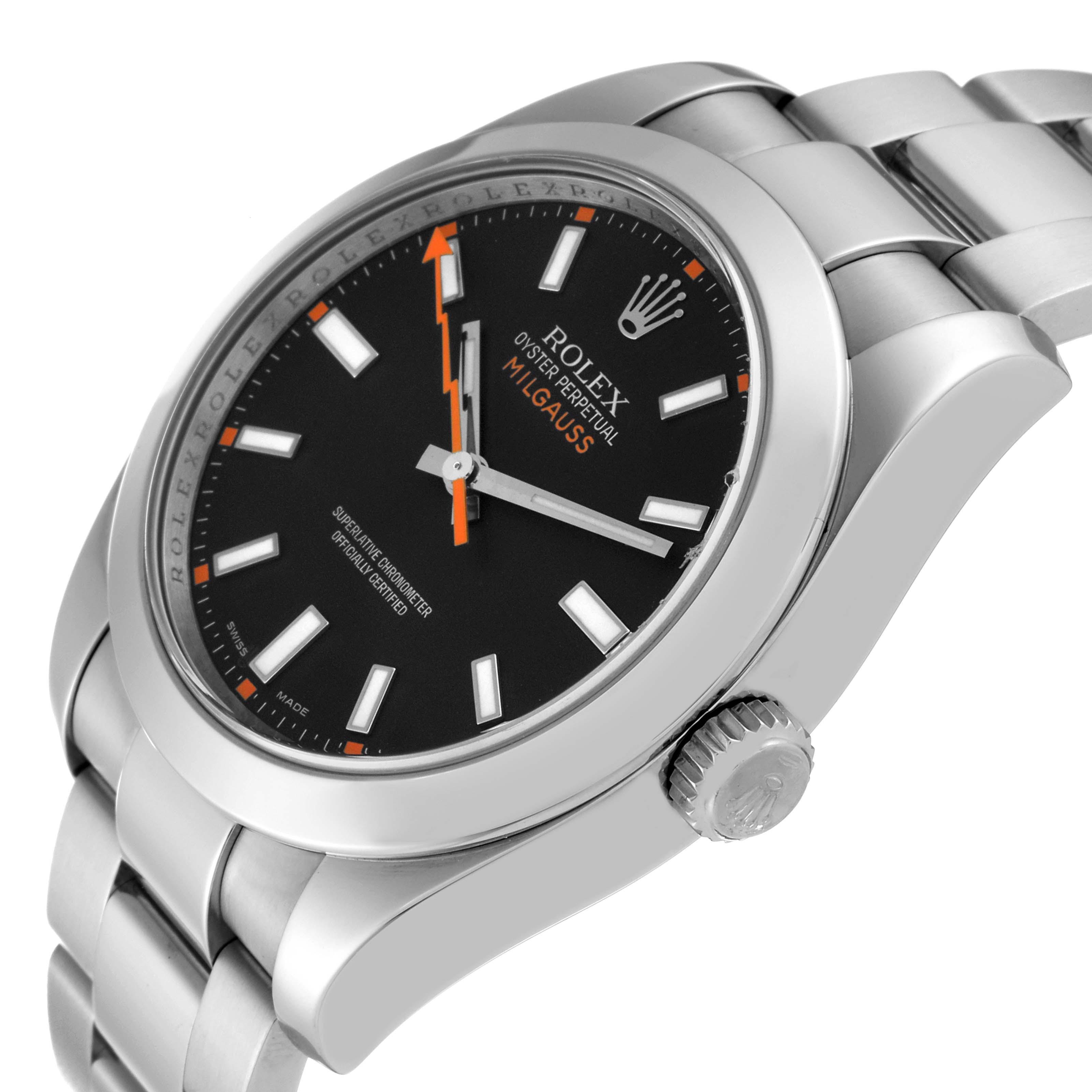 The image shows a side angle of a Rolex Milgauss 116400 Men's Stainless Steel Black Dial 116400 Men's Stainless Steel Black Dial watch, highlighting the black dial, orange accents, and stainless steel bracelet.