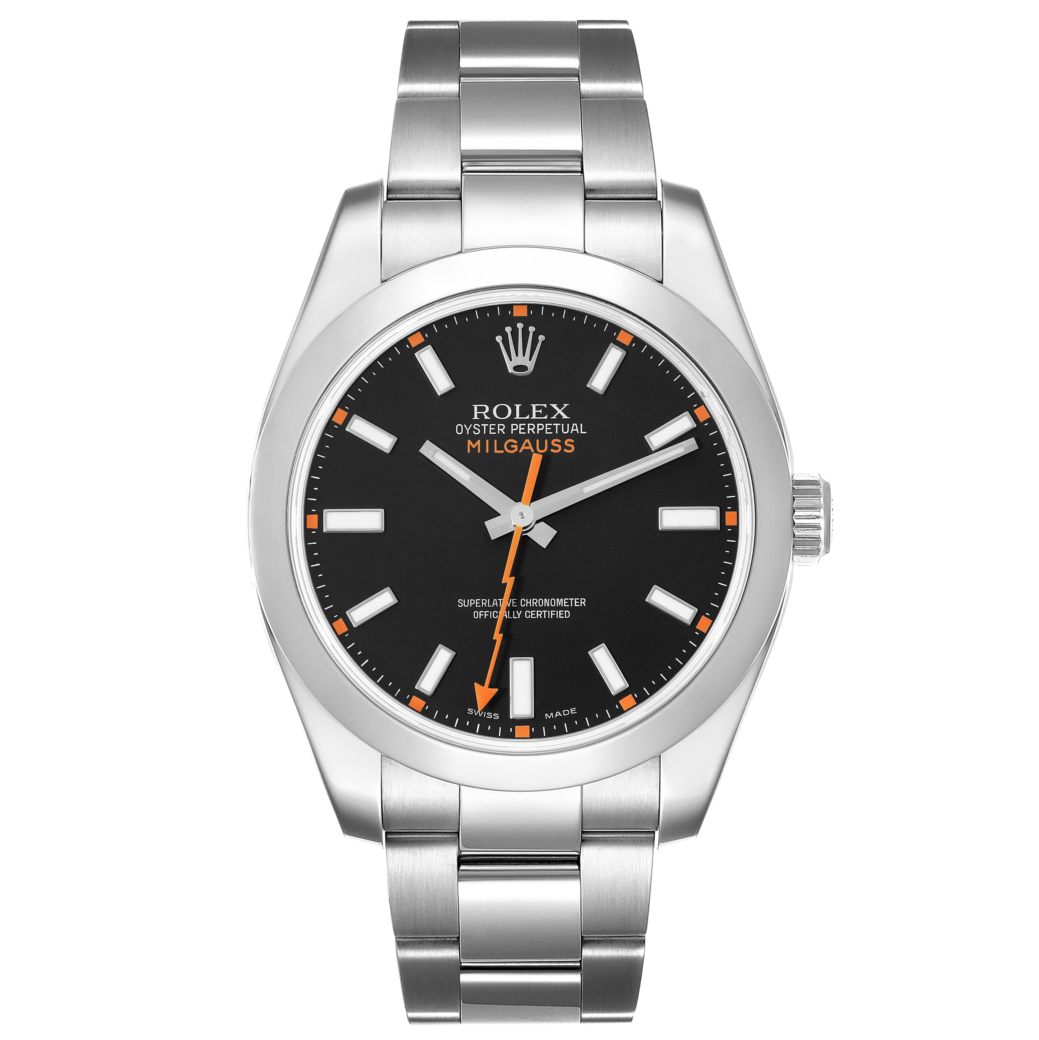 The Rolex Milgauss 116400 Men's Stainless Steel Black Dial 116400 Men's Stainless Steel Black Dial watch is shown from the front, displaying its black dial, orange accents, and stainless steel bracelet.