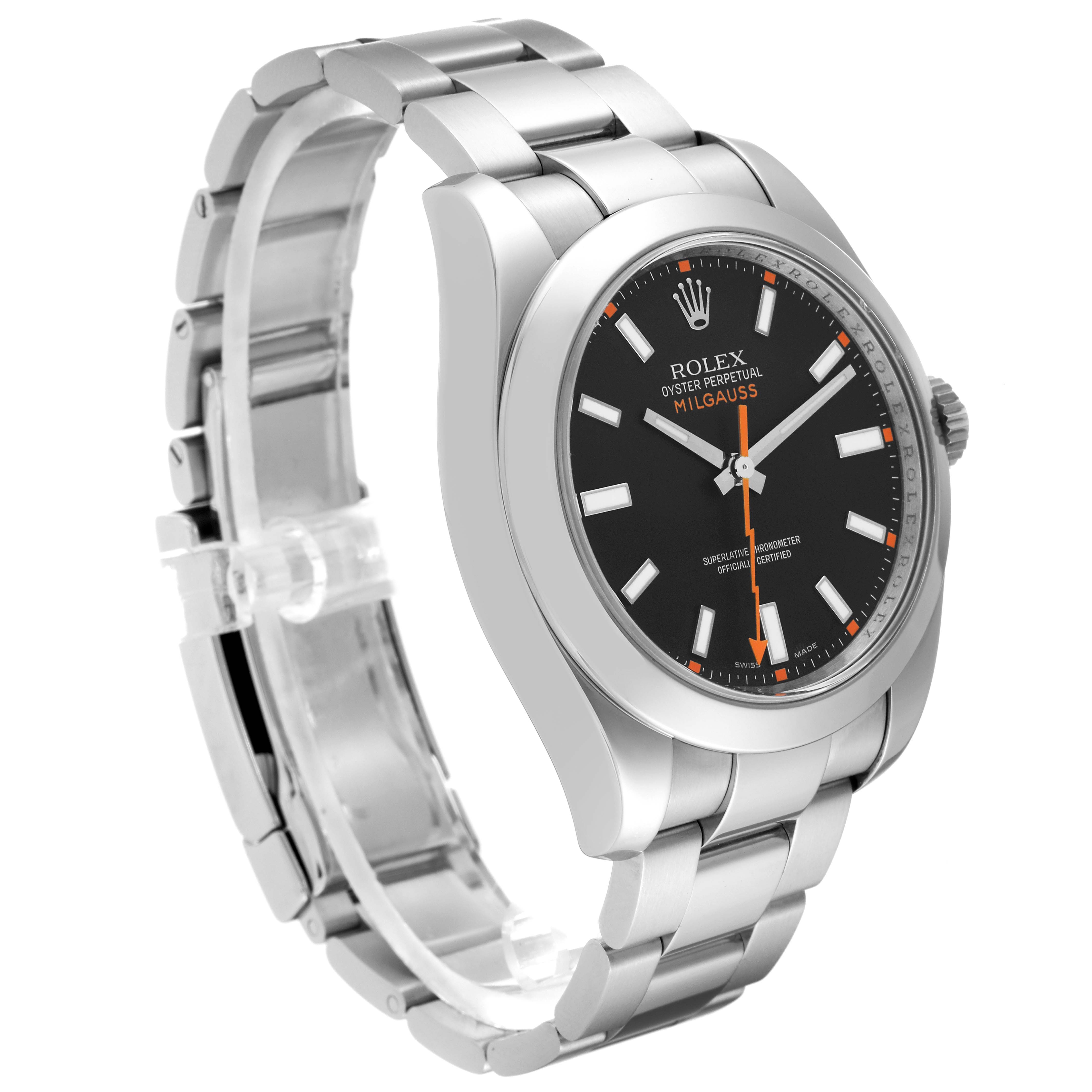 The image shows a side angle of a Rolex Milgauss 116400 Men's Stainless Steel Black Dial 116400 Men's Stainless Steel Black Dial watch, highlighting its face, bezel, and stainless steel bracelet.