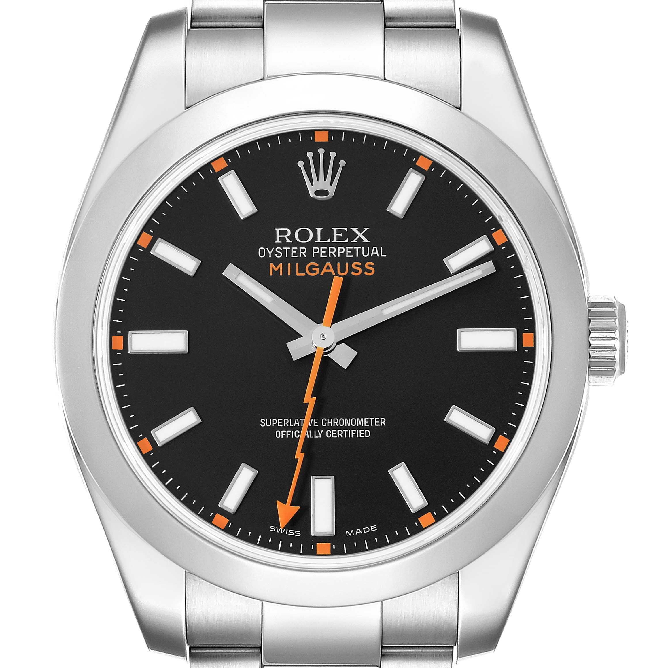 The image shows a front view of the Rolex Milgauss 116400 Men's Stainless Steel Black Dial 116400 Men's Stainless Steel Black Dial watch, displaying its dial, bracelet, crown, and hour markers.