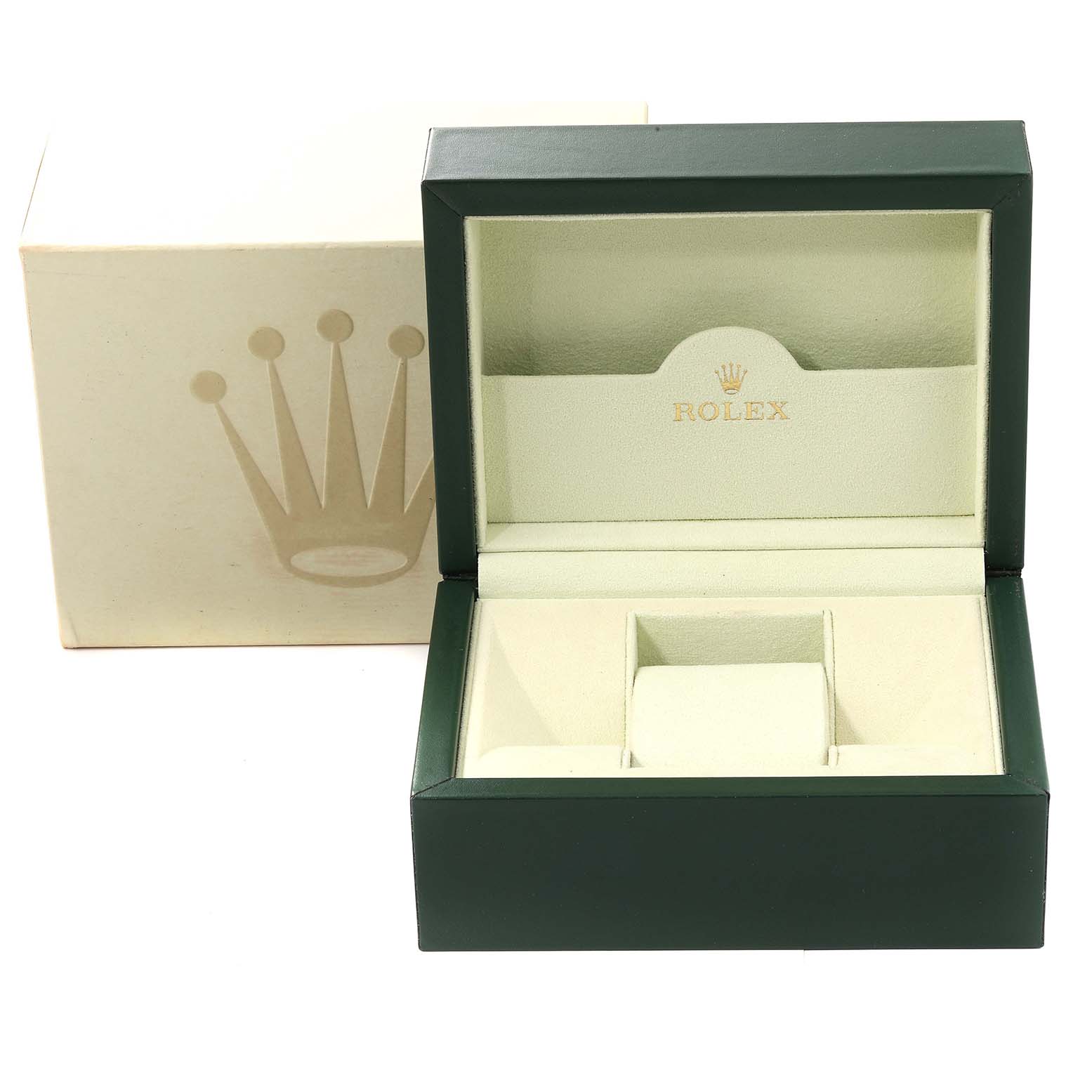The image shows the open and empty green Rolex box, intended for housing the Milgauss model watch.