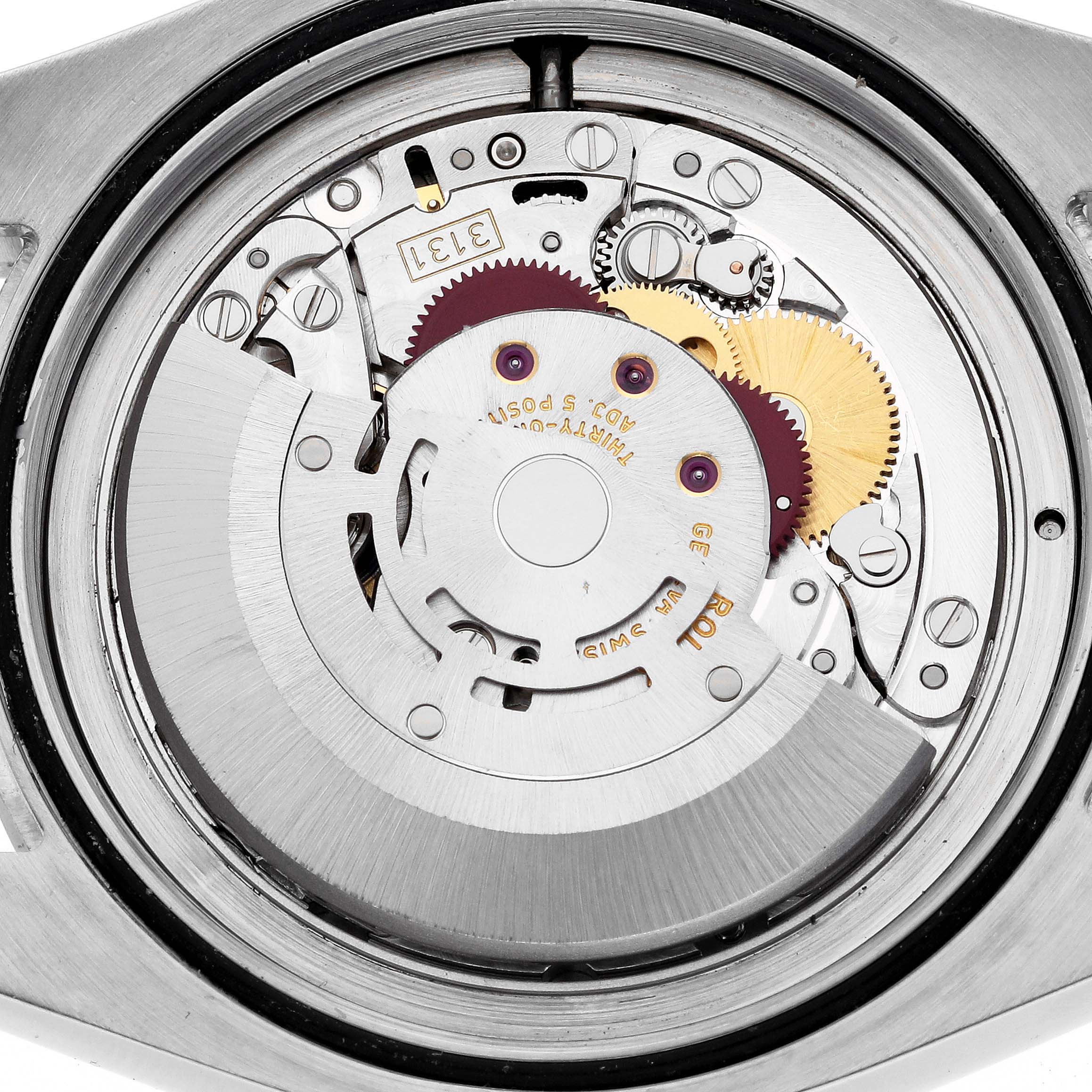 This image shows the internal mechanism and movement of the Rolex Milgauss 116400 Men's Stainless Steel Black Dial 116400 Men's Stainless Steel Black Dial watch from a rear view angle.