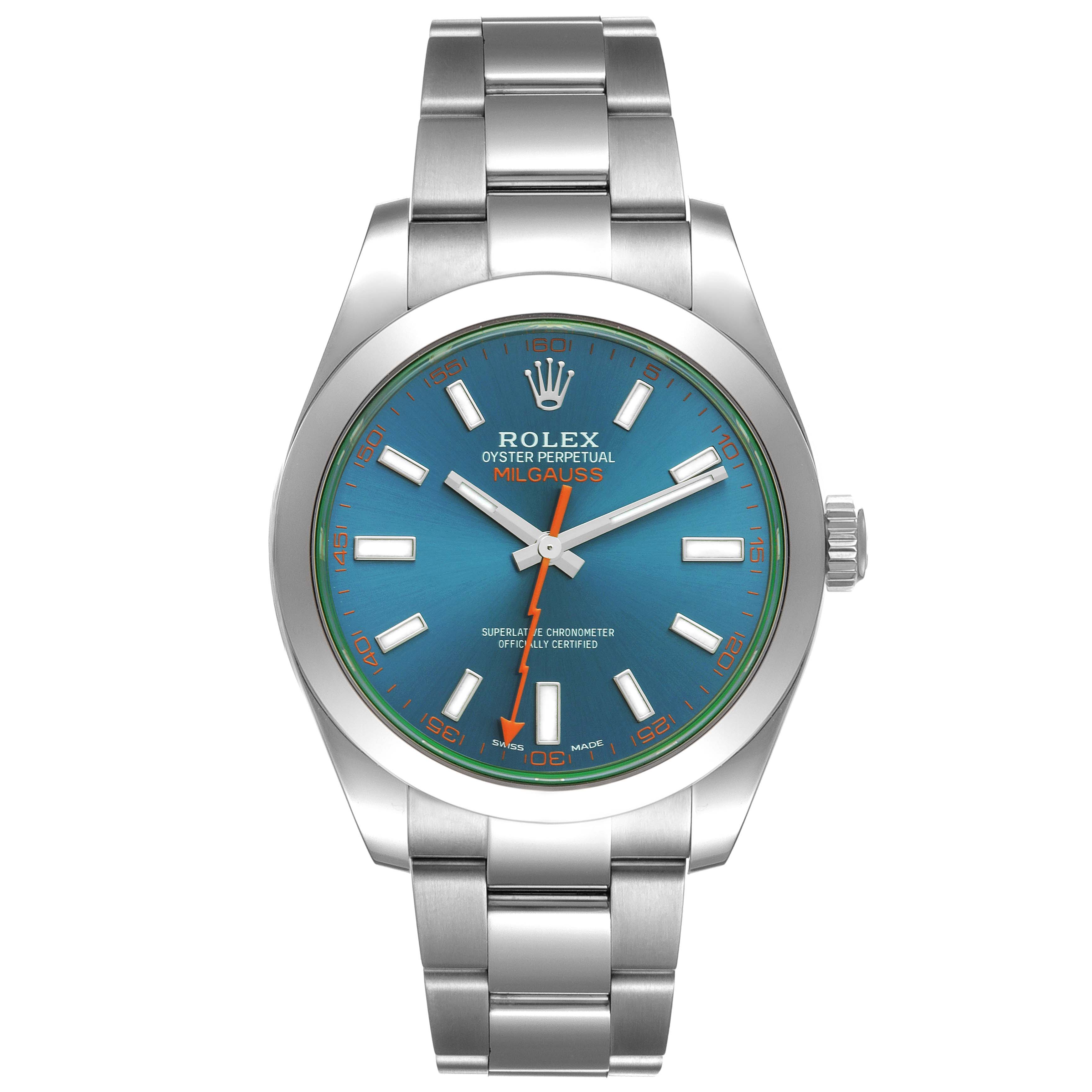 The image shows a front view of a Rolex Milgauss 116400GV Men
s Stainless Steel Blue Dial 116400GV Men
s Stainless Steel Blue Dial watch, highlighting its blue dial, stainless steel band, and orange lightning bolt seconds hand.